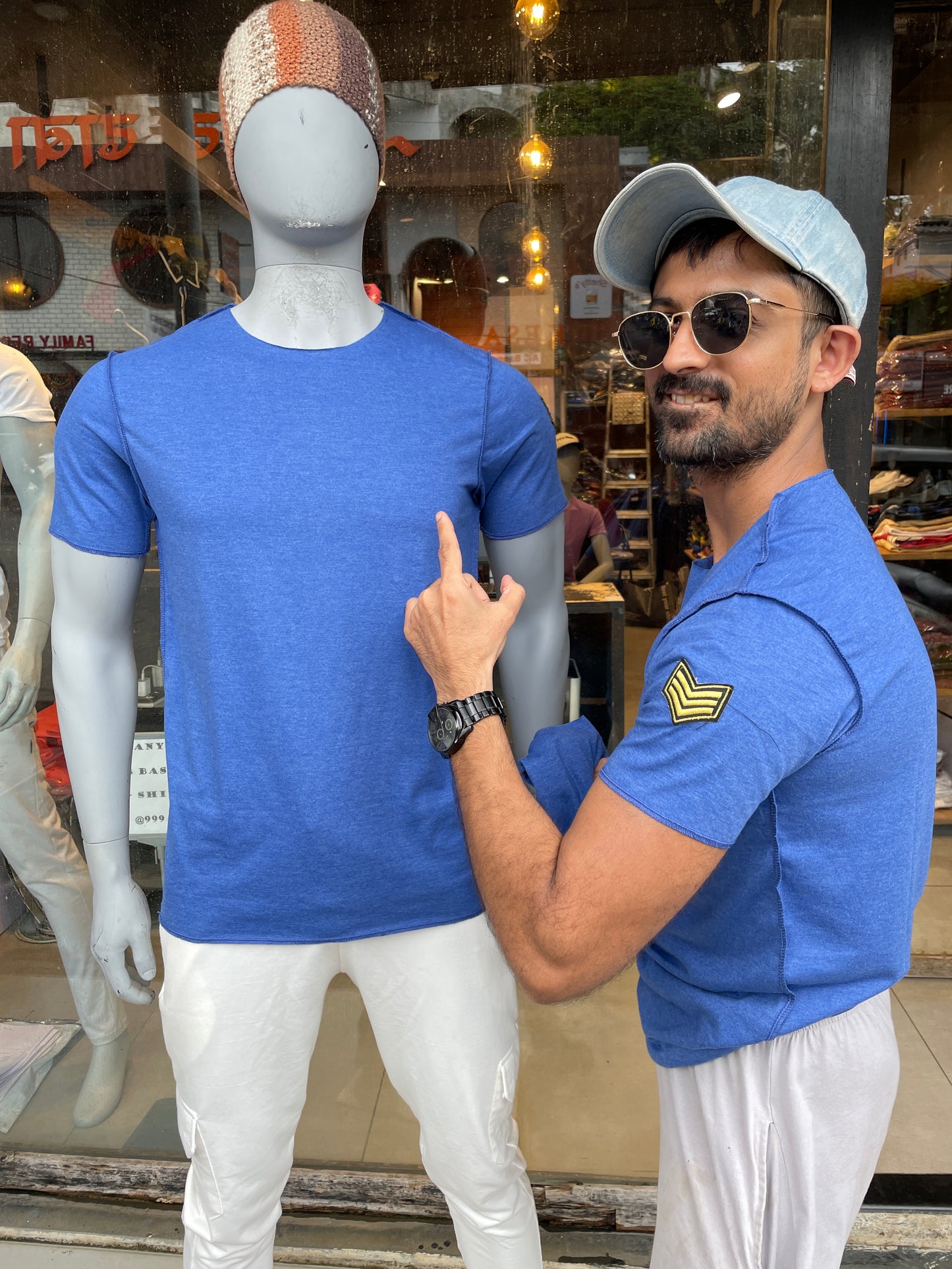 Royal Blue Melange Patch on Left Sleeves Tee