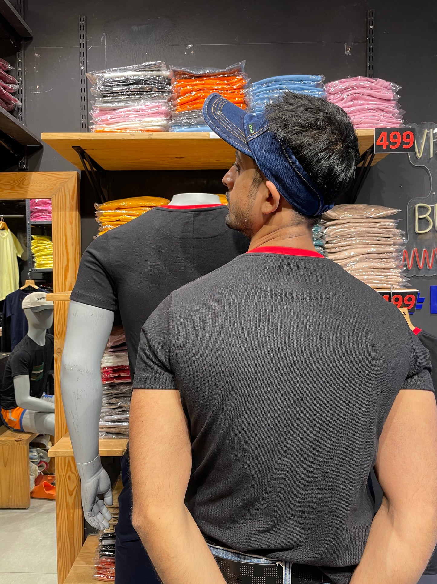 Black V Neck Tshirt with Red Rib