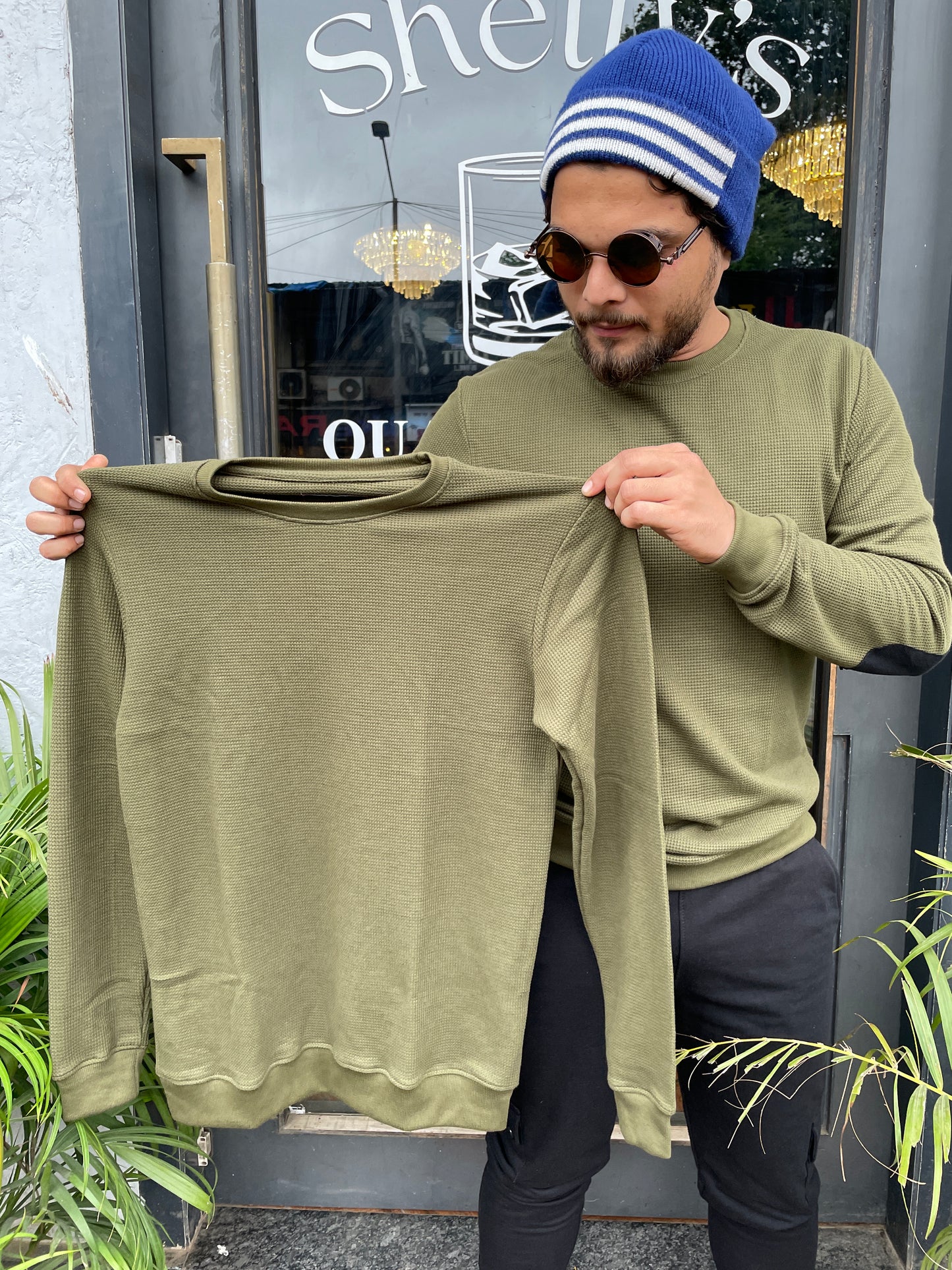 Olive Sweatshirt with Elbow Patch