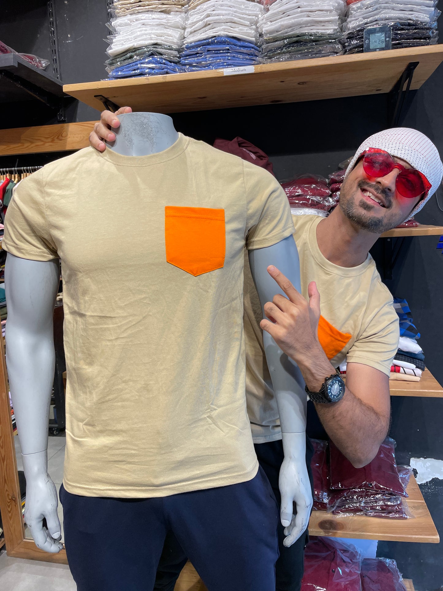Beige Orange Pocket Tee