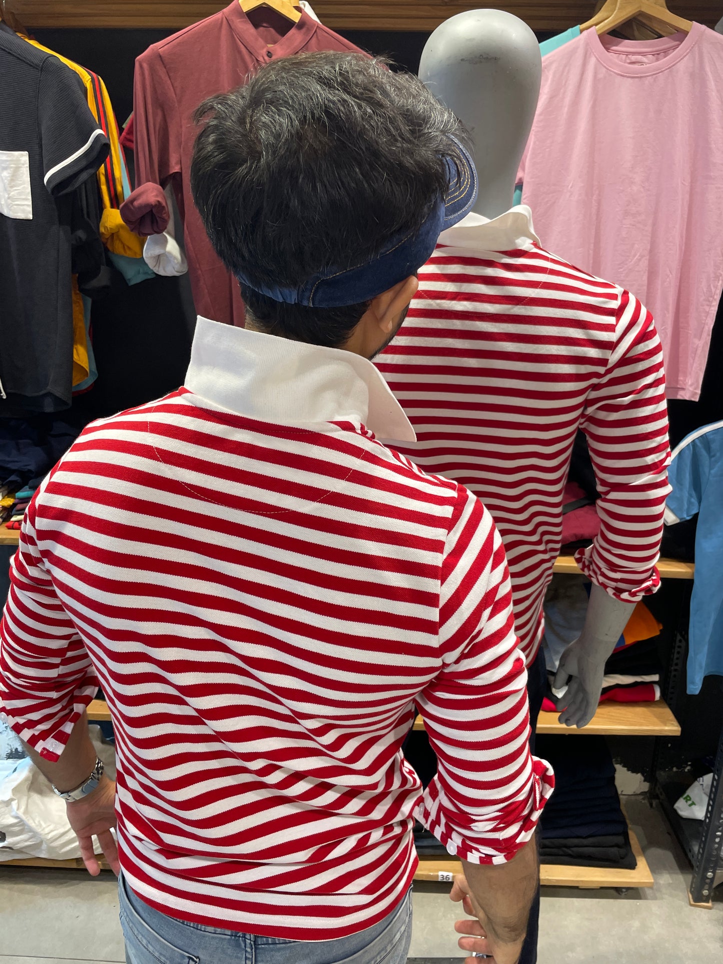 Red / White Striped Polo Tshirt in Full sleeves