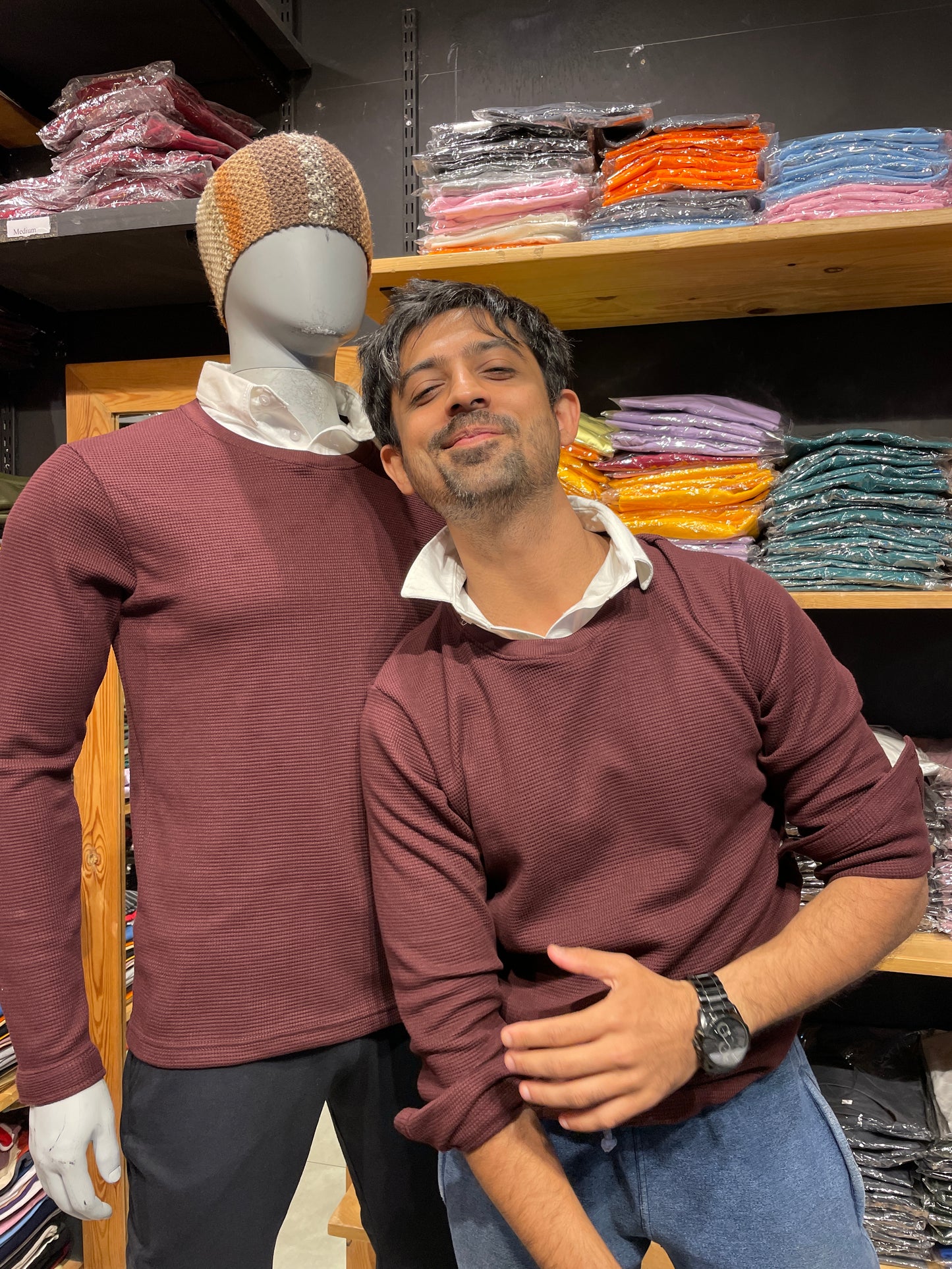 Burgundy Waffle Pull Over Type Collar Tee