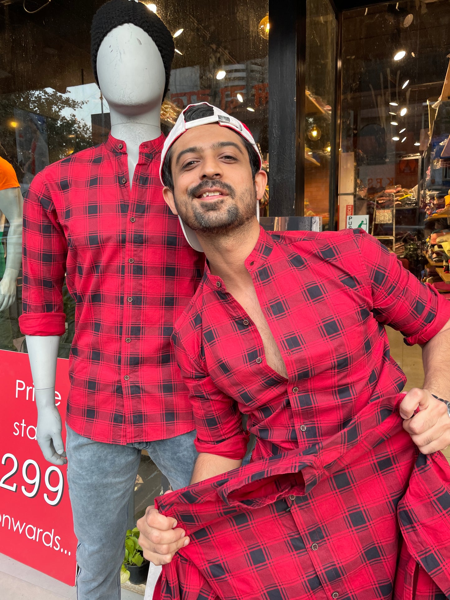 Red/Black Chinese Collar Checks Shirt