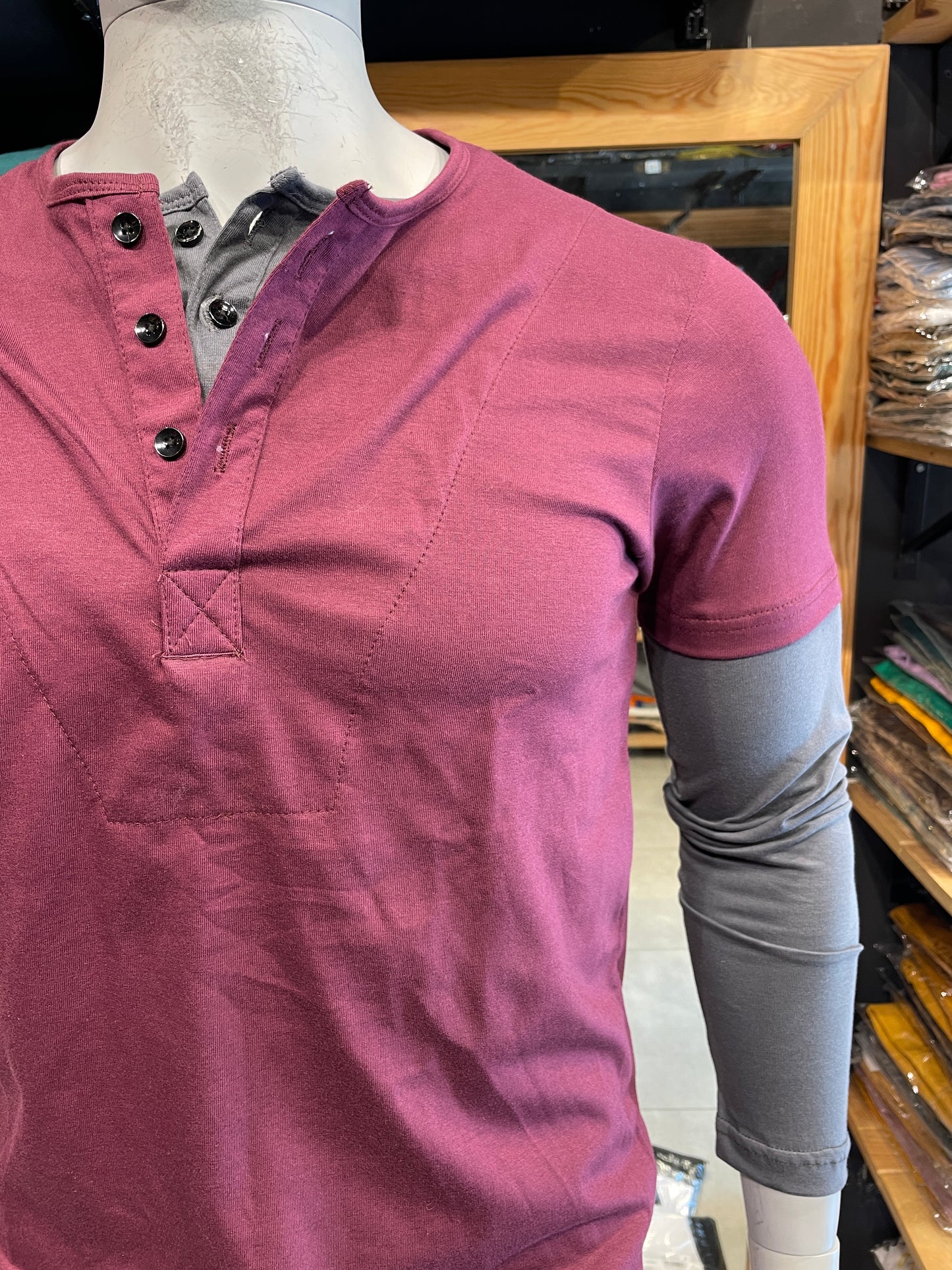 Burgundy / Steel Grey Double Placket Doc Sleeves Henley
