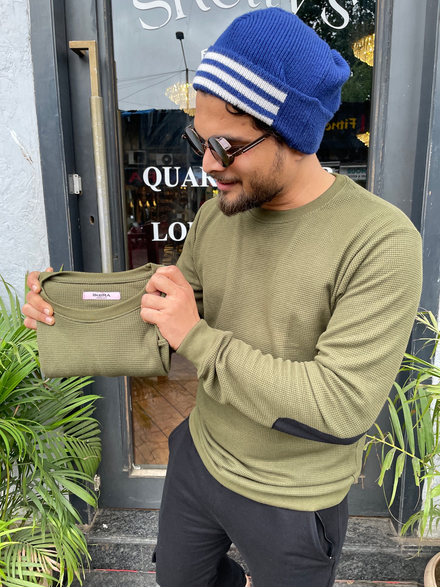 Olive Sweatshirt with Elbow Patch