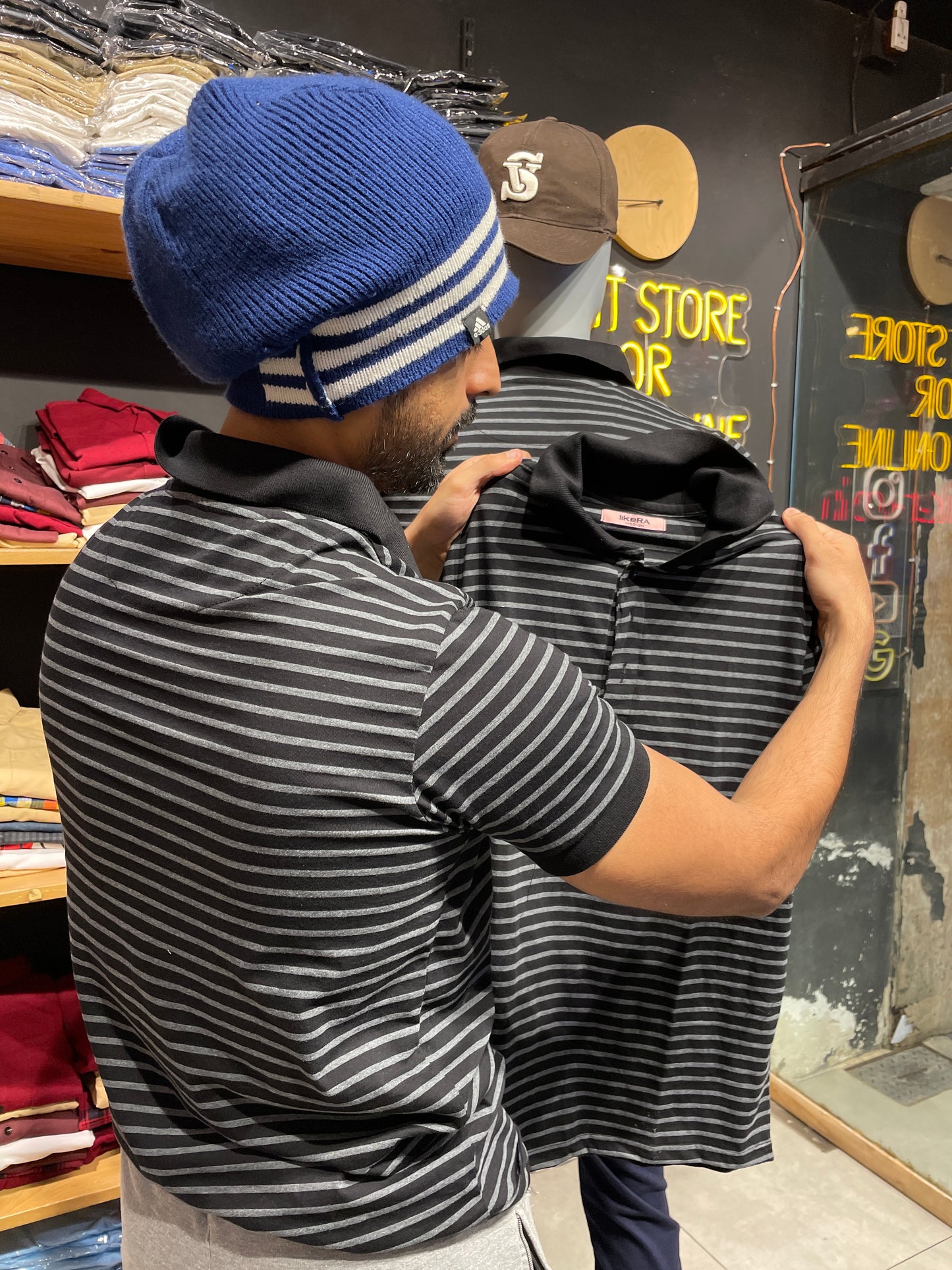 Black/Grey Stripes Tee with Collar Cuff