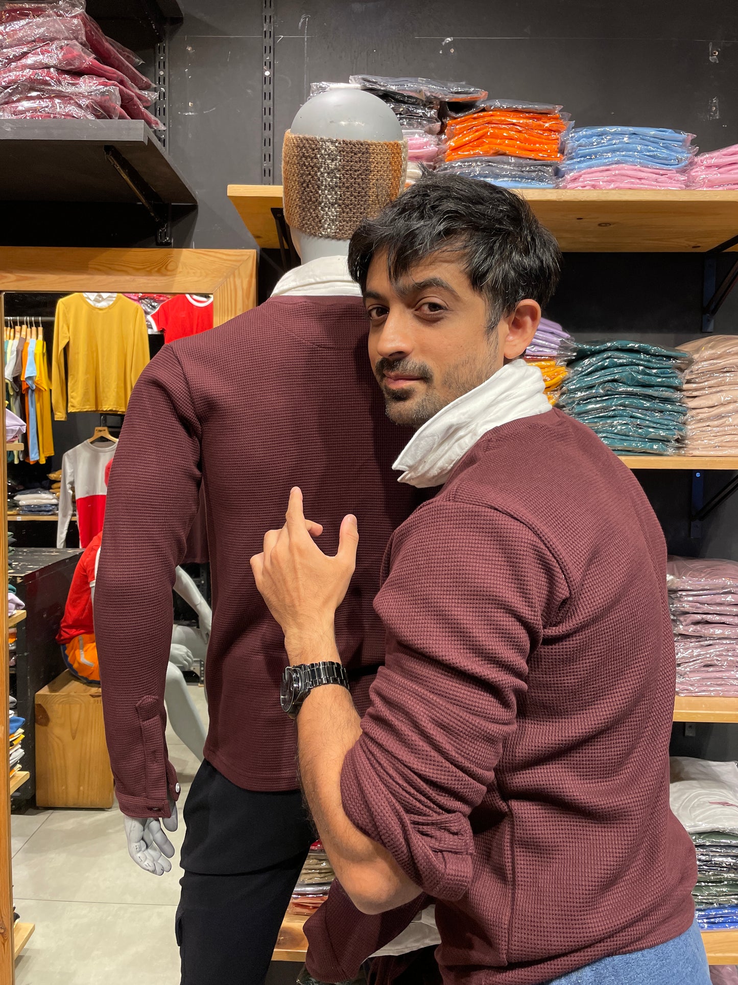 Burgundy Waffle Pull Over Type Collar Tee