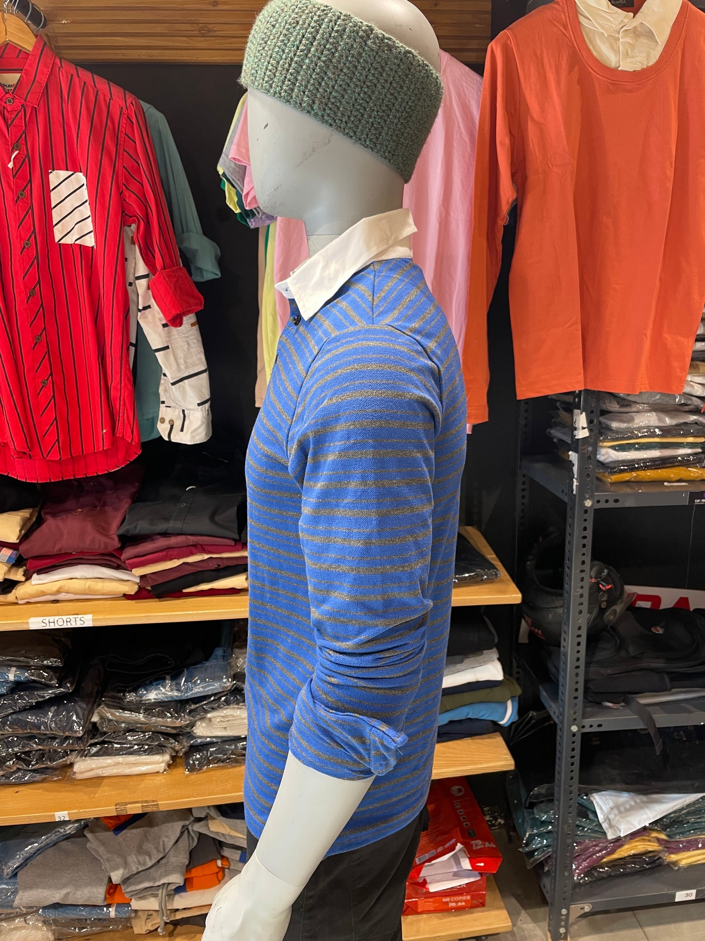 Blue / Anthra Striped Tshirt Contrast Collar