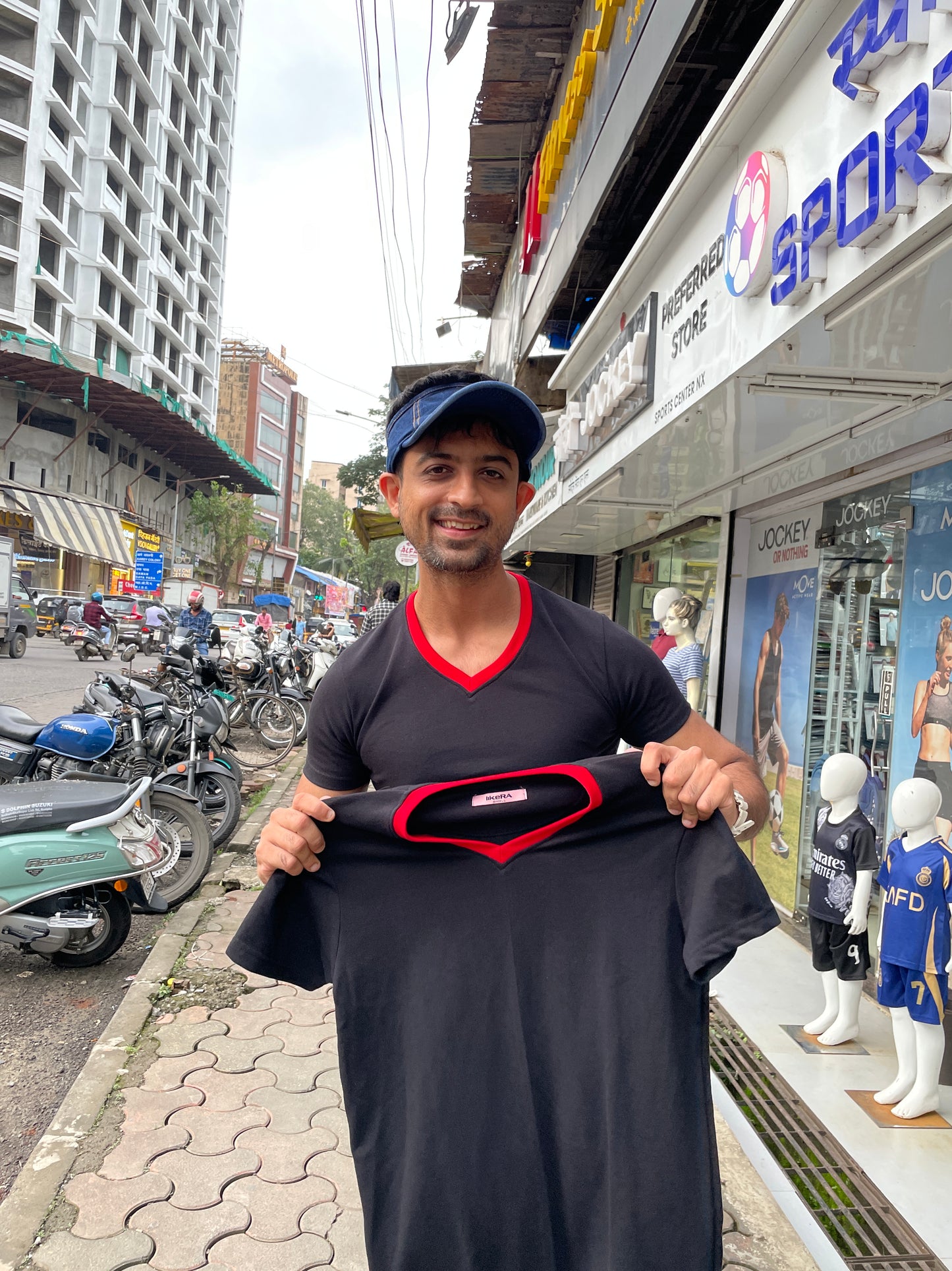 Black V Neck Tshirt with Red Rib