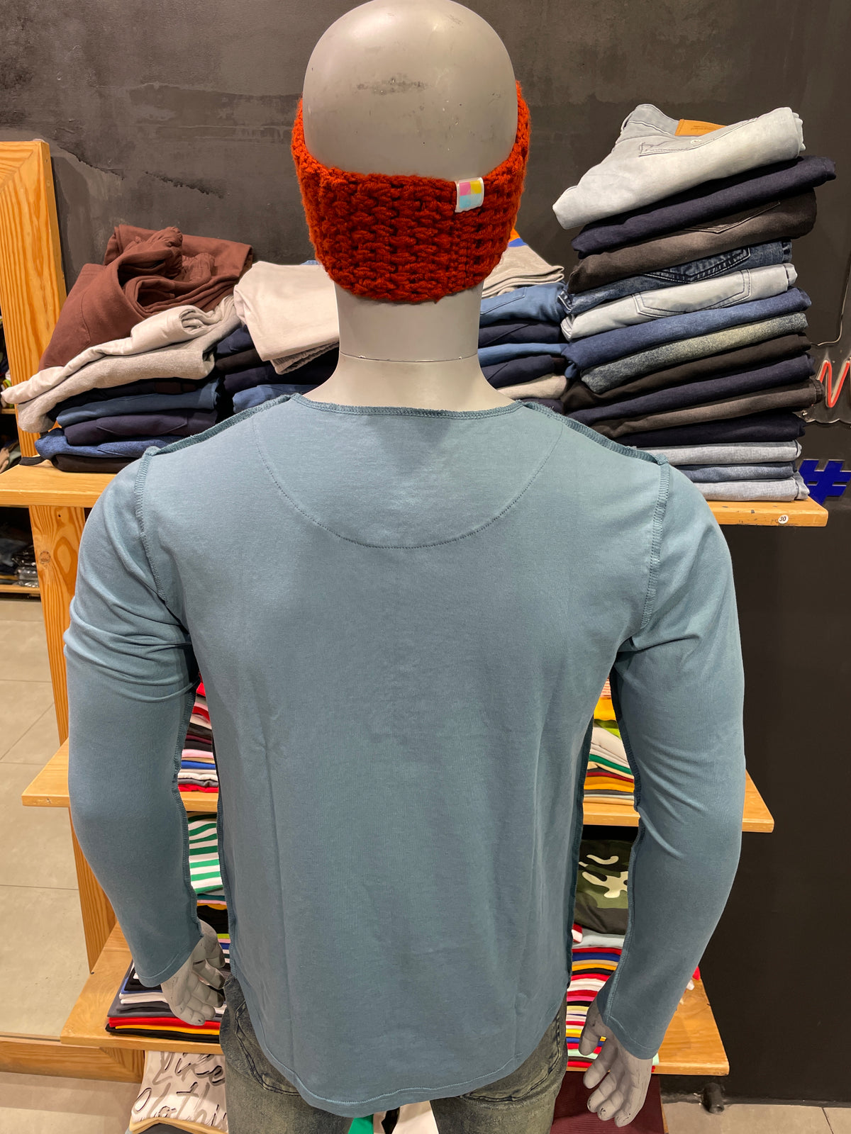 Petrol Blue Stretchable Henley with Outside Stitching