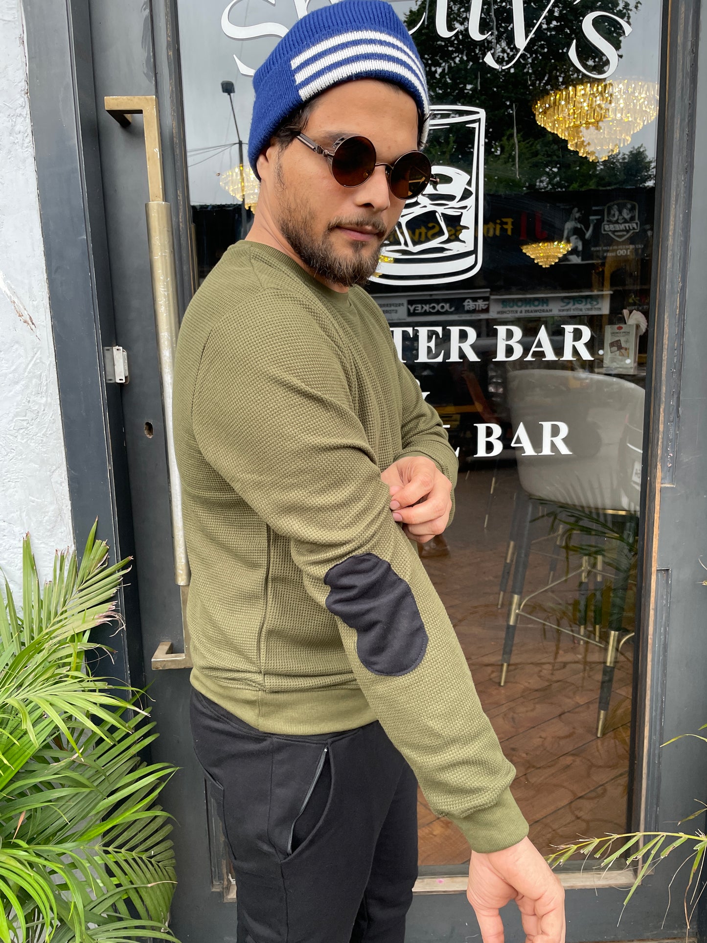 Olive Sweatshirt with Elbow Patch