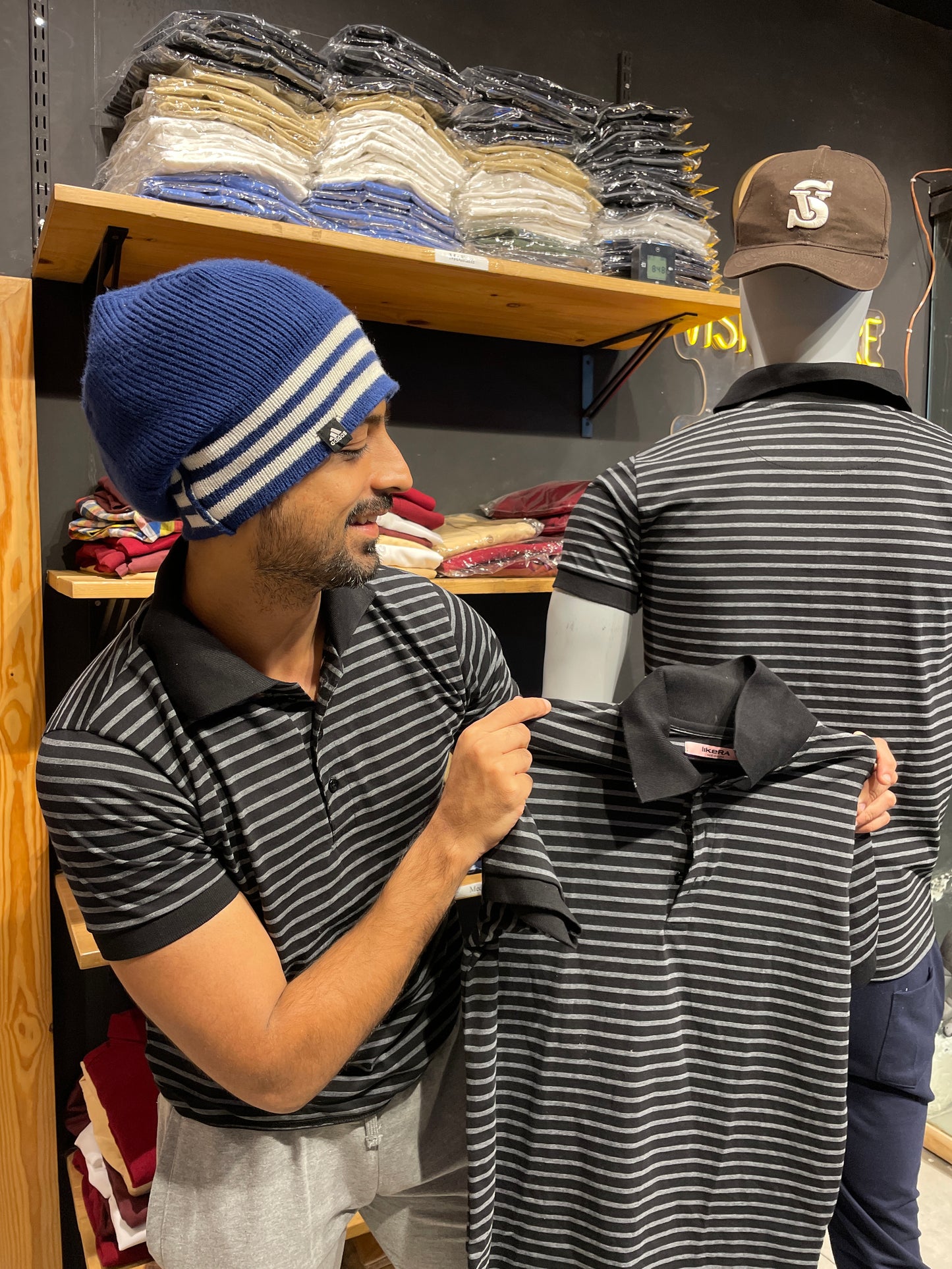 Black/Grey Stripes Tee with Collar Cuff