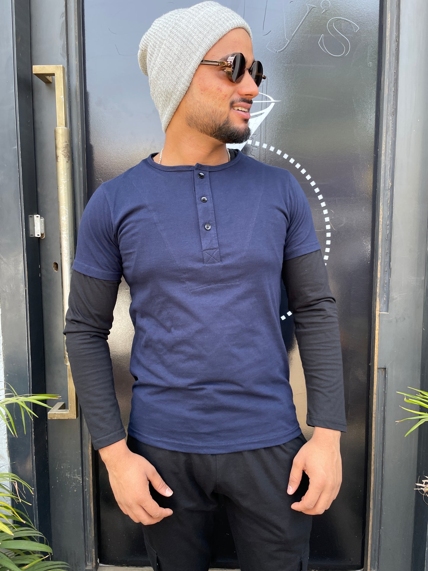Navy/Black Double Placket Henley