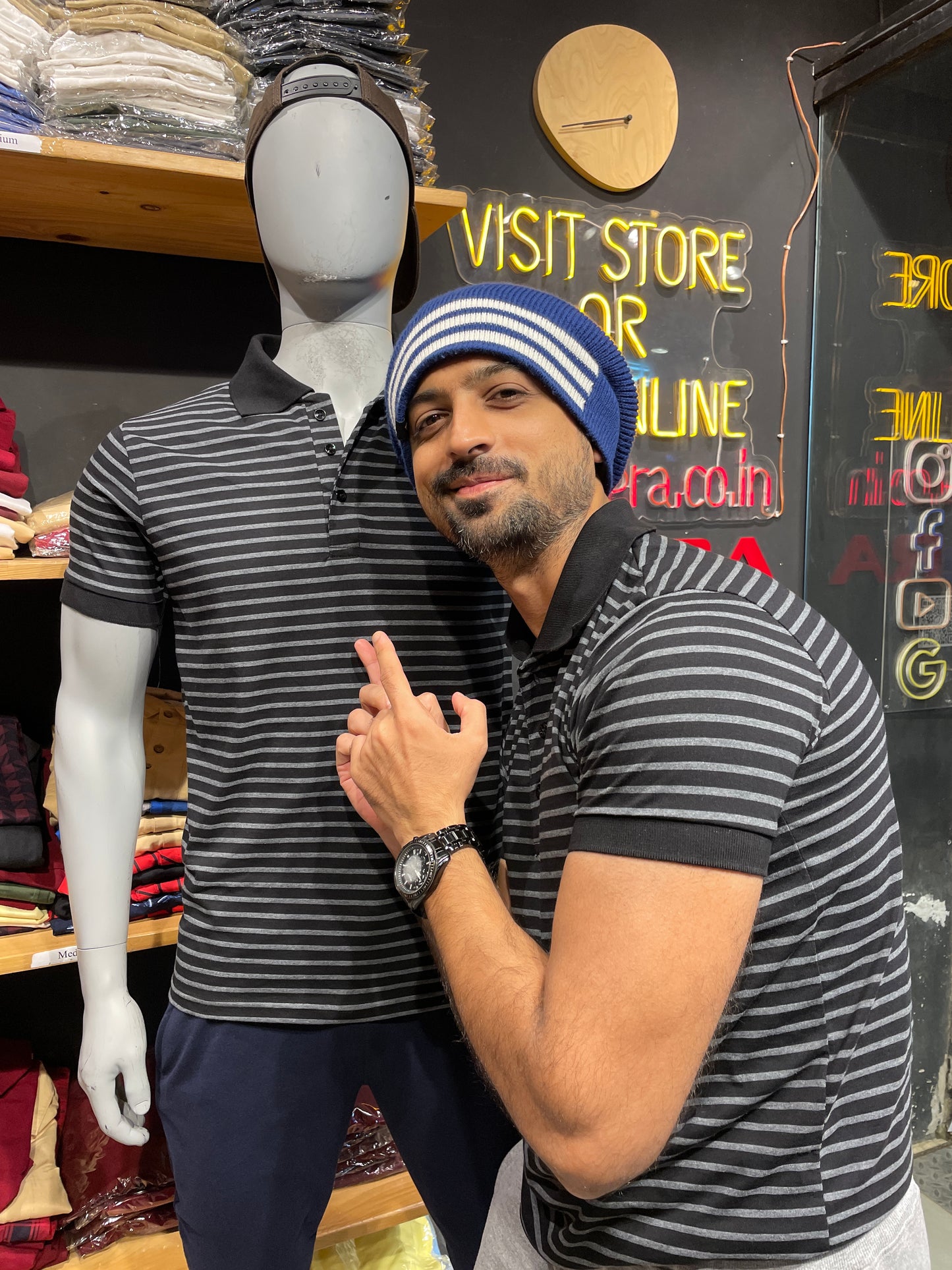Black/Grey Stripes Tee with Collar Cuff