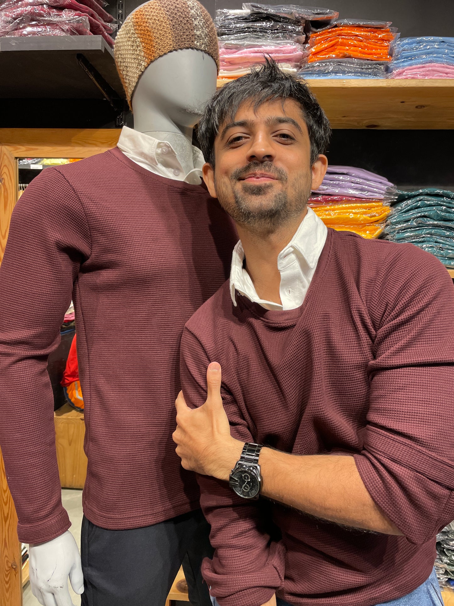 Burgundy Waffle Pull Over Type Collar Tee