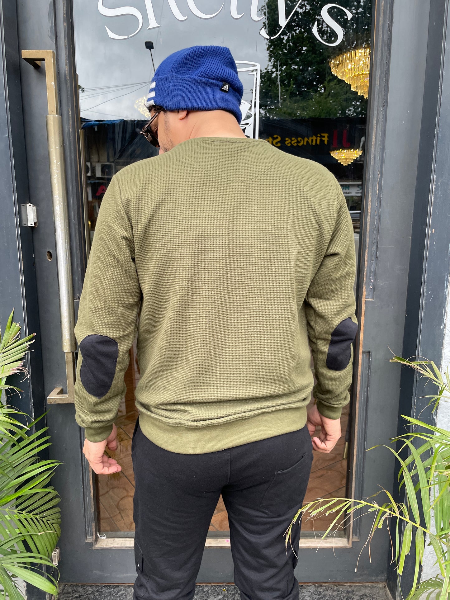 Olive Sweatshirt with Elbow Patch