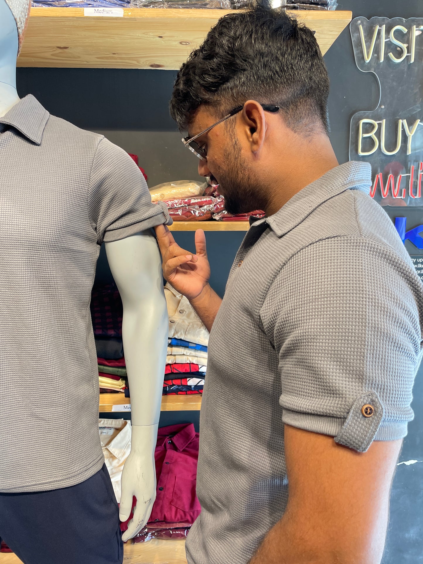 Dark Grey Waffle Collar Tee with Sleeve Rib and Loops