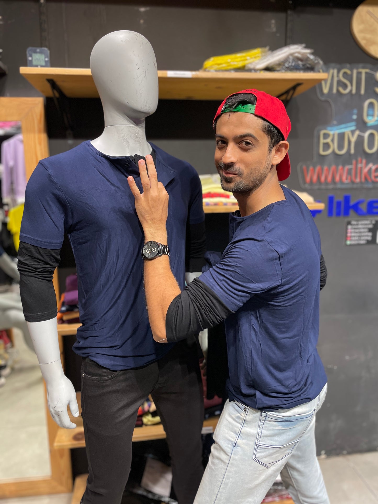 Navy/Black 3/4th Sleeves Henley in Viscose Stretch Fabric with Double Placket