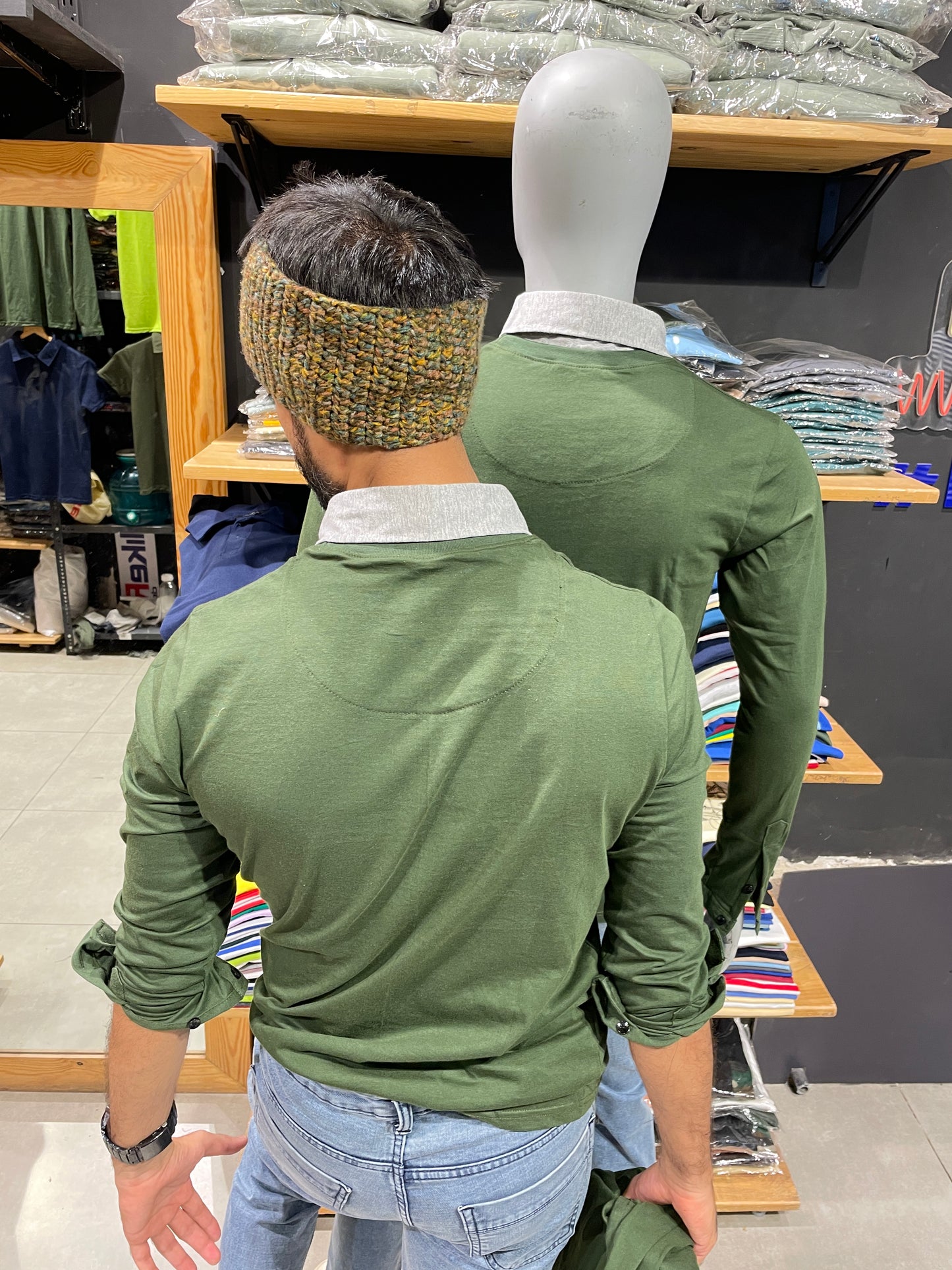 Olive Pull Over Type Collar Tee
