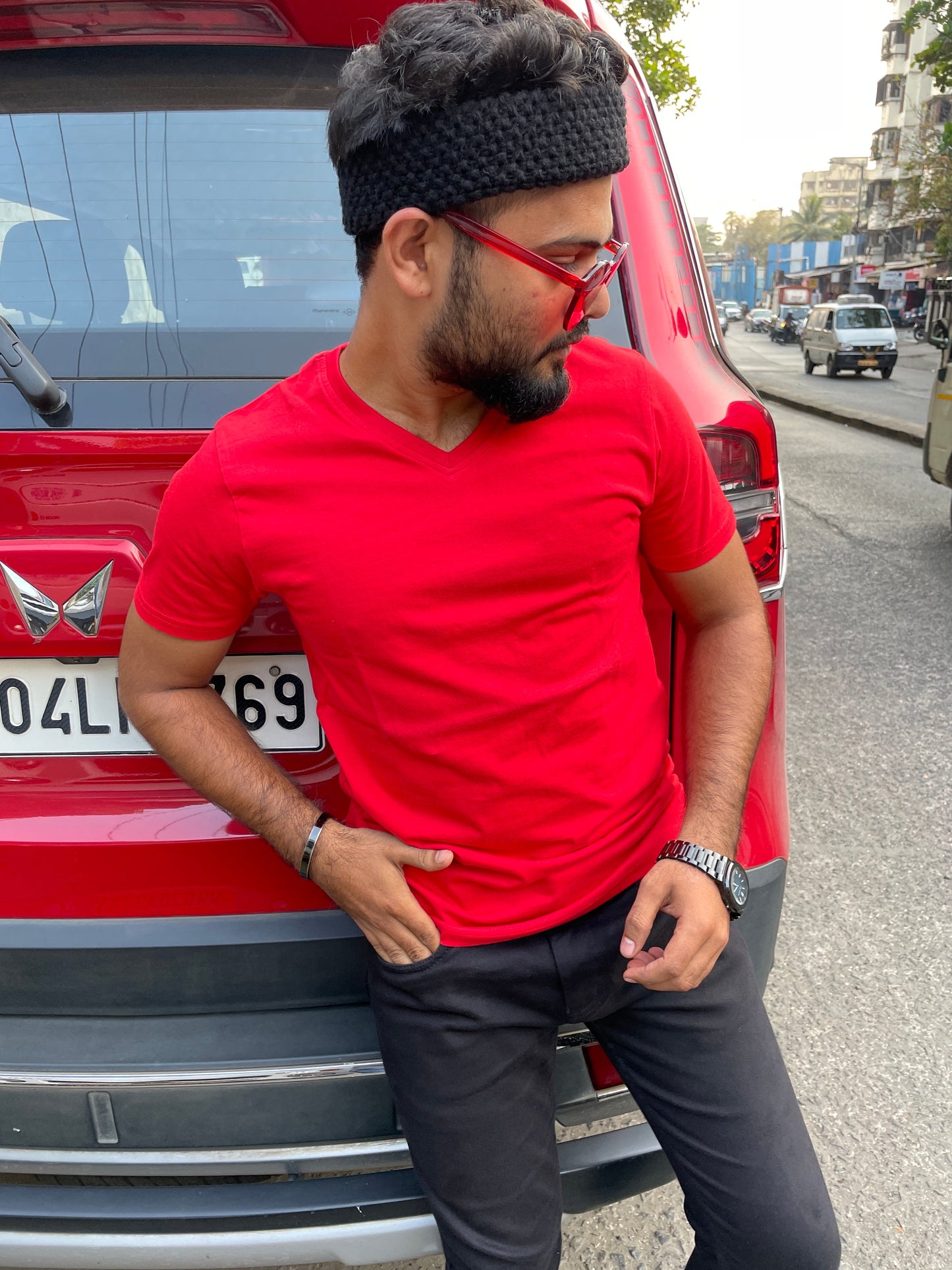 Red V Neck Basic Tshirt