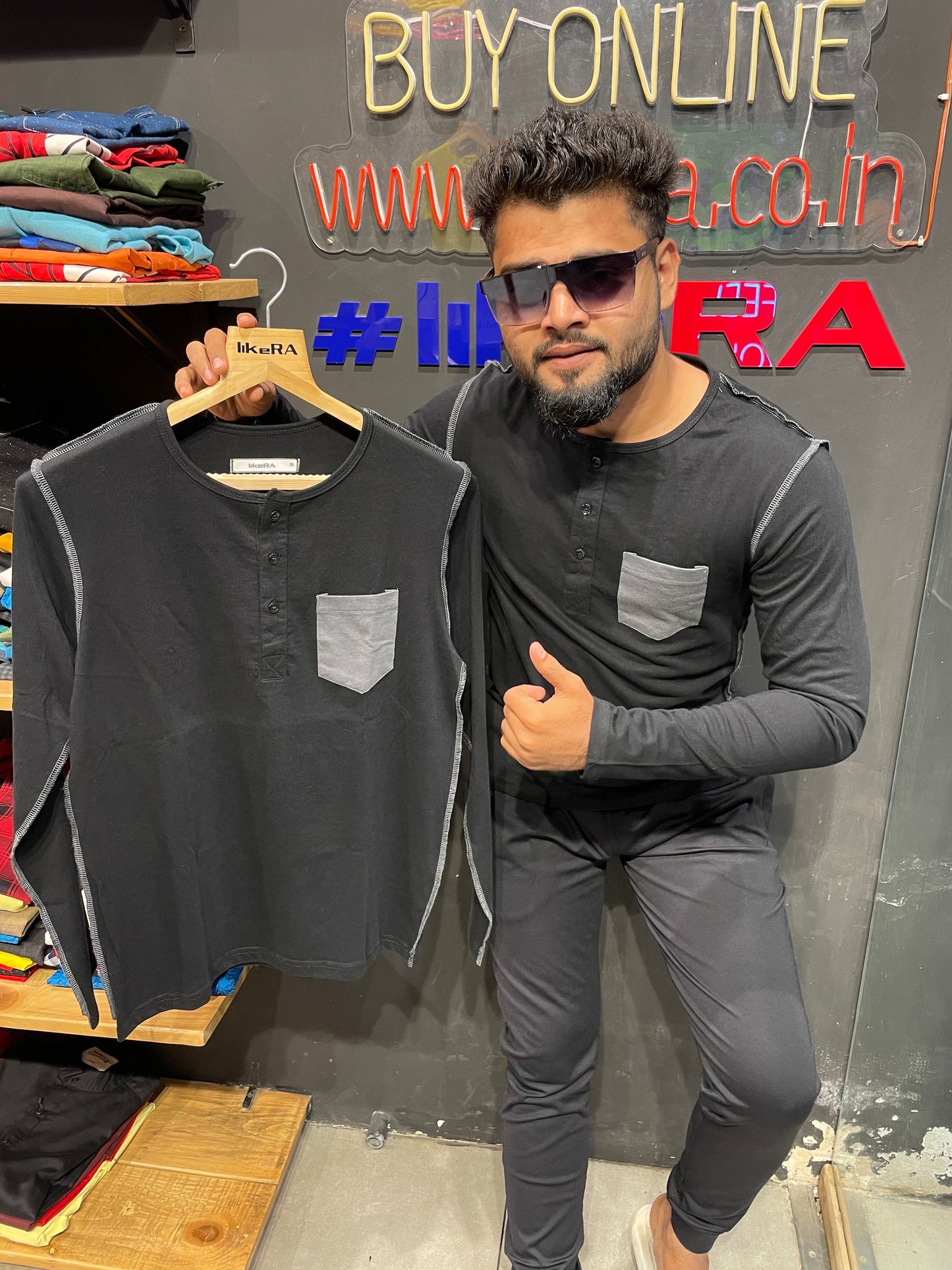 Black Henley With Outside Stitching And Pocket Henley