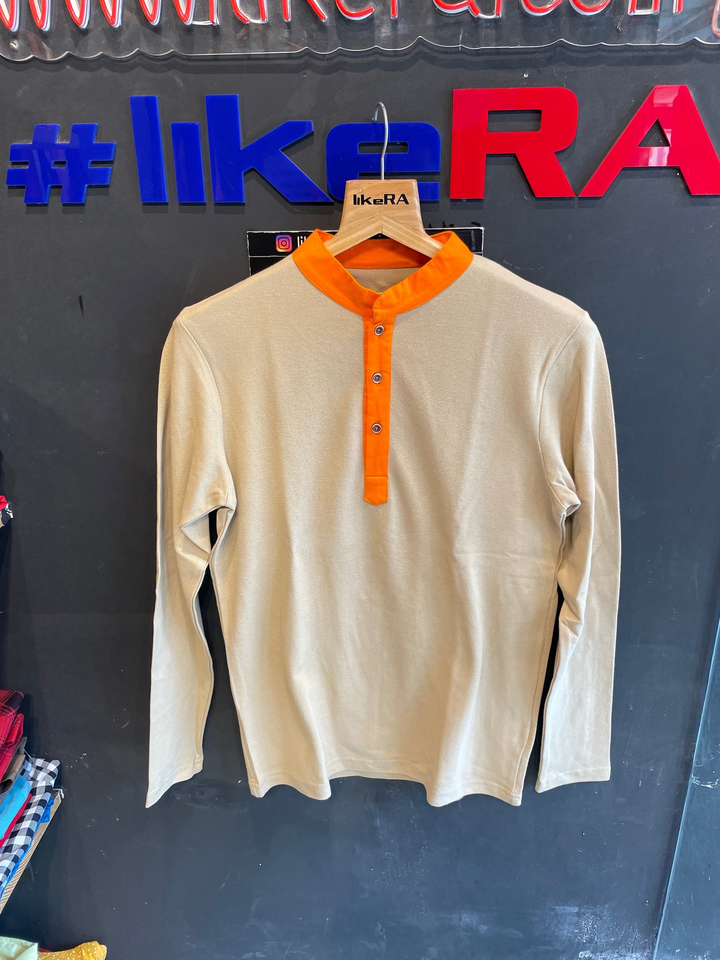Beige Chinese Collar Placket Henley