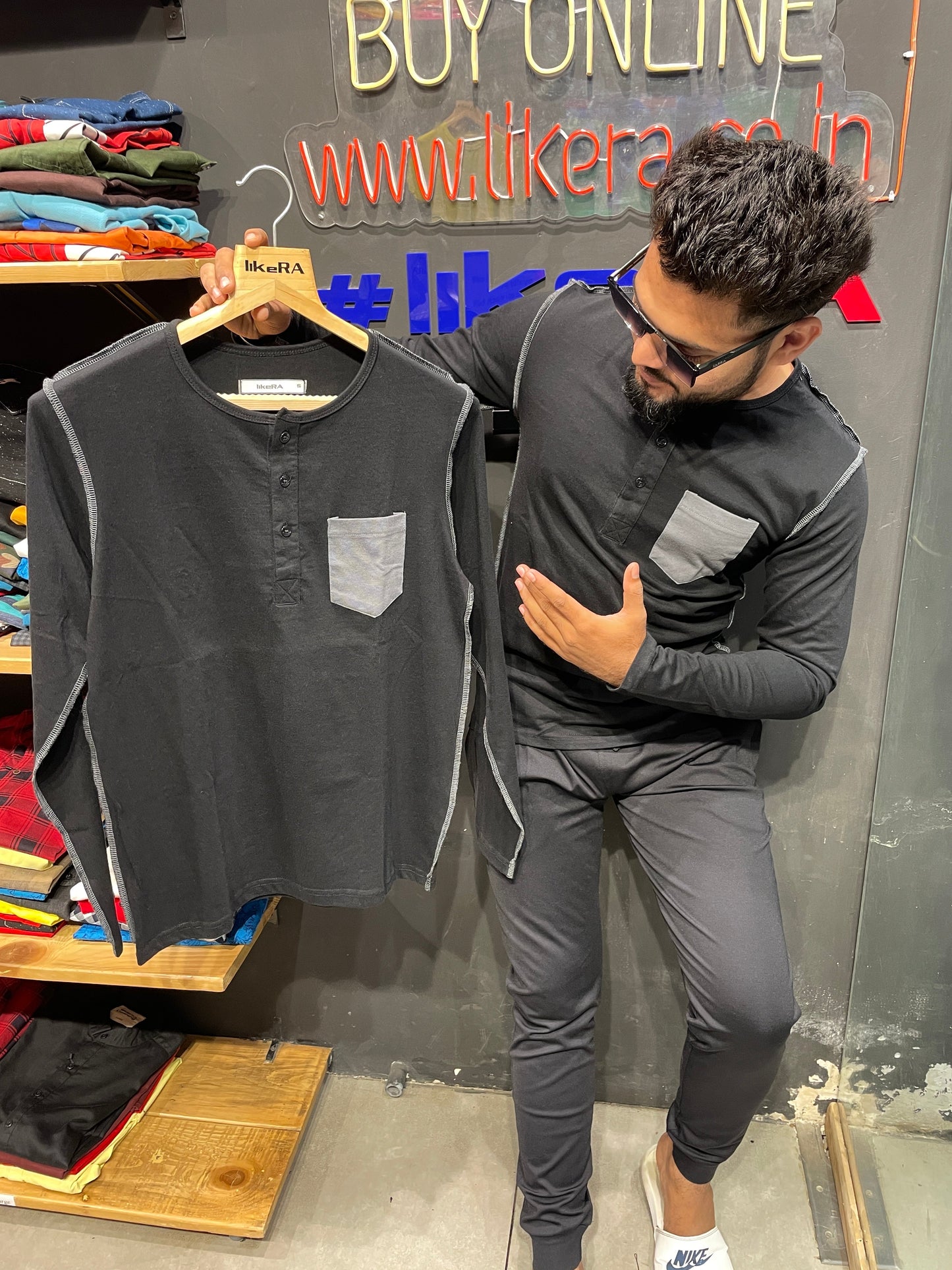 Black Henley With Outside Stitching And Pocket Henley