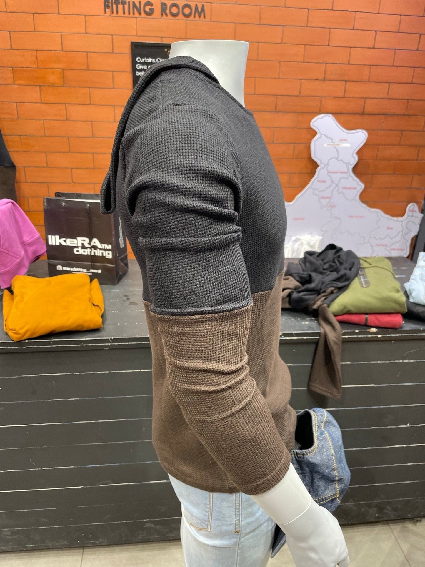 Black / Brown Waffle Colour Block Hooded Tee - likera Clothing Co