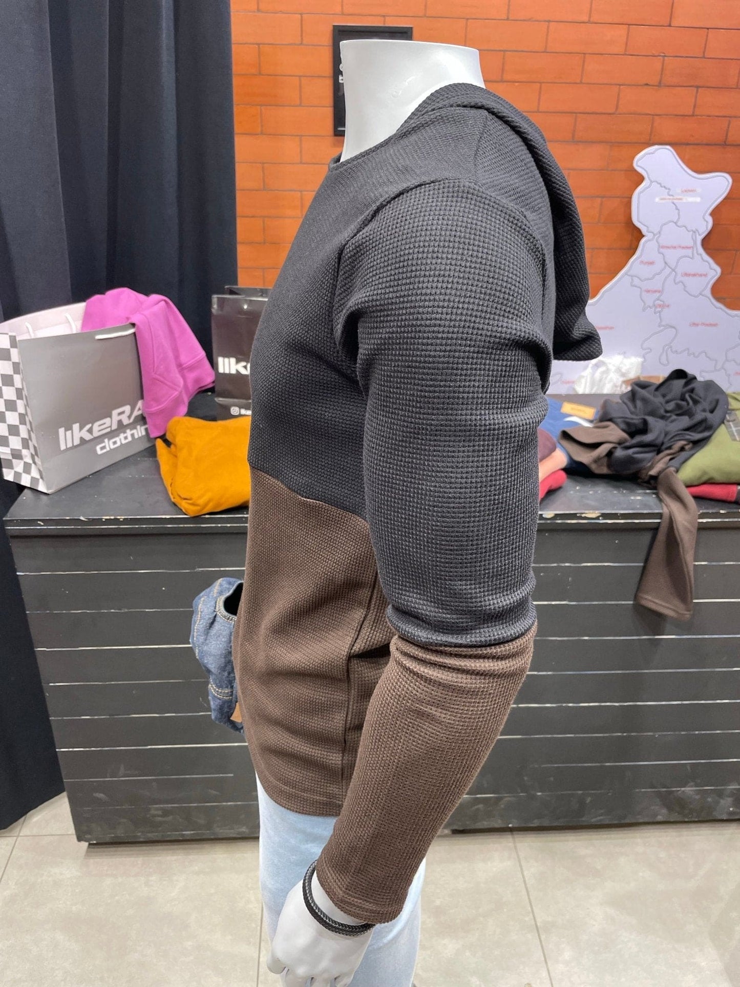 Black / Brown Waffle Colour Block Hooded Tee - likera Clothing Co
