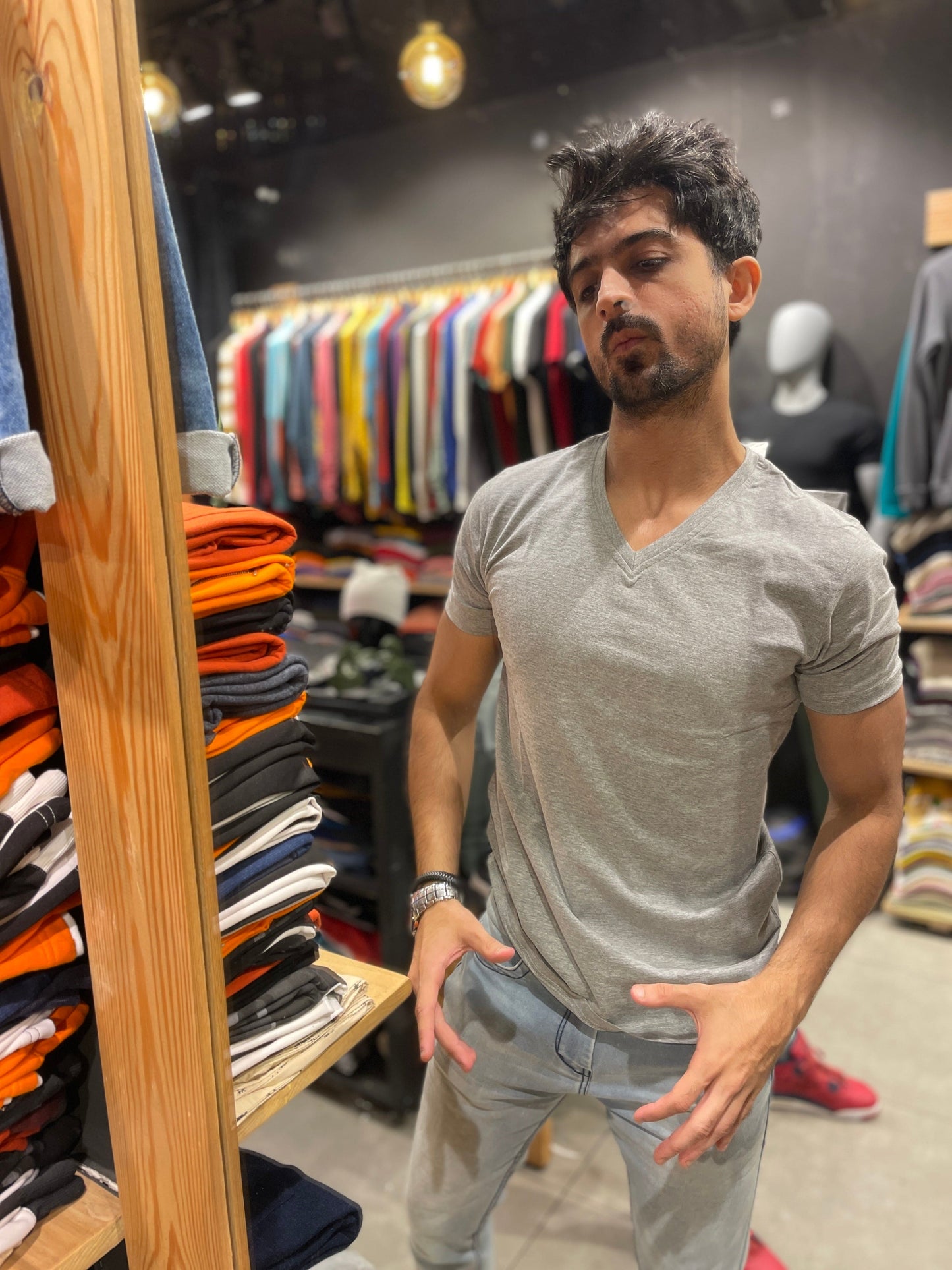 Grey Melange V Neck Basic Tshirt