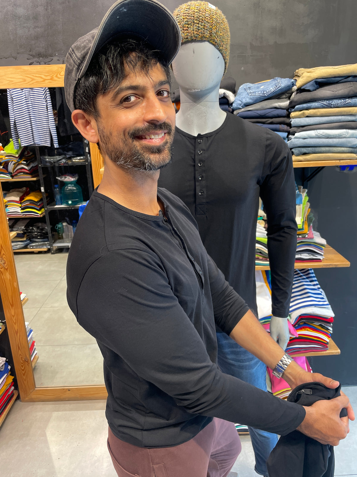 Black 5 Button Stretchable Henley