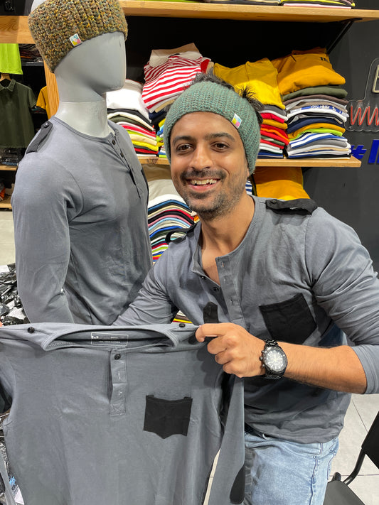 Steel Grey Henley with Elbow Patch and Shoulder Loops