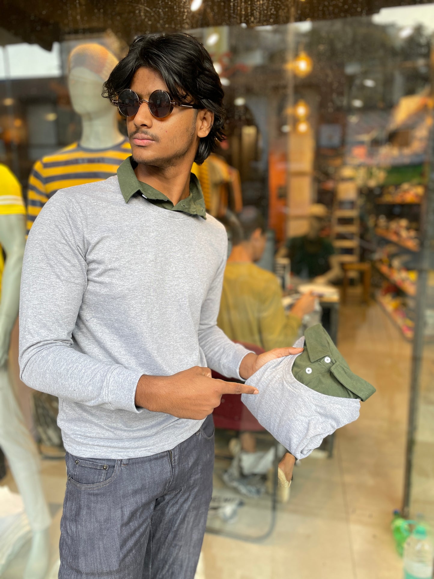 Grey Melange Pull Over Type Collar Tee