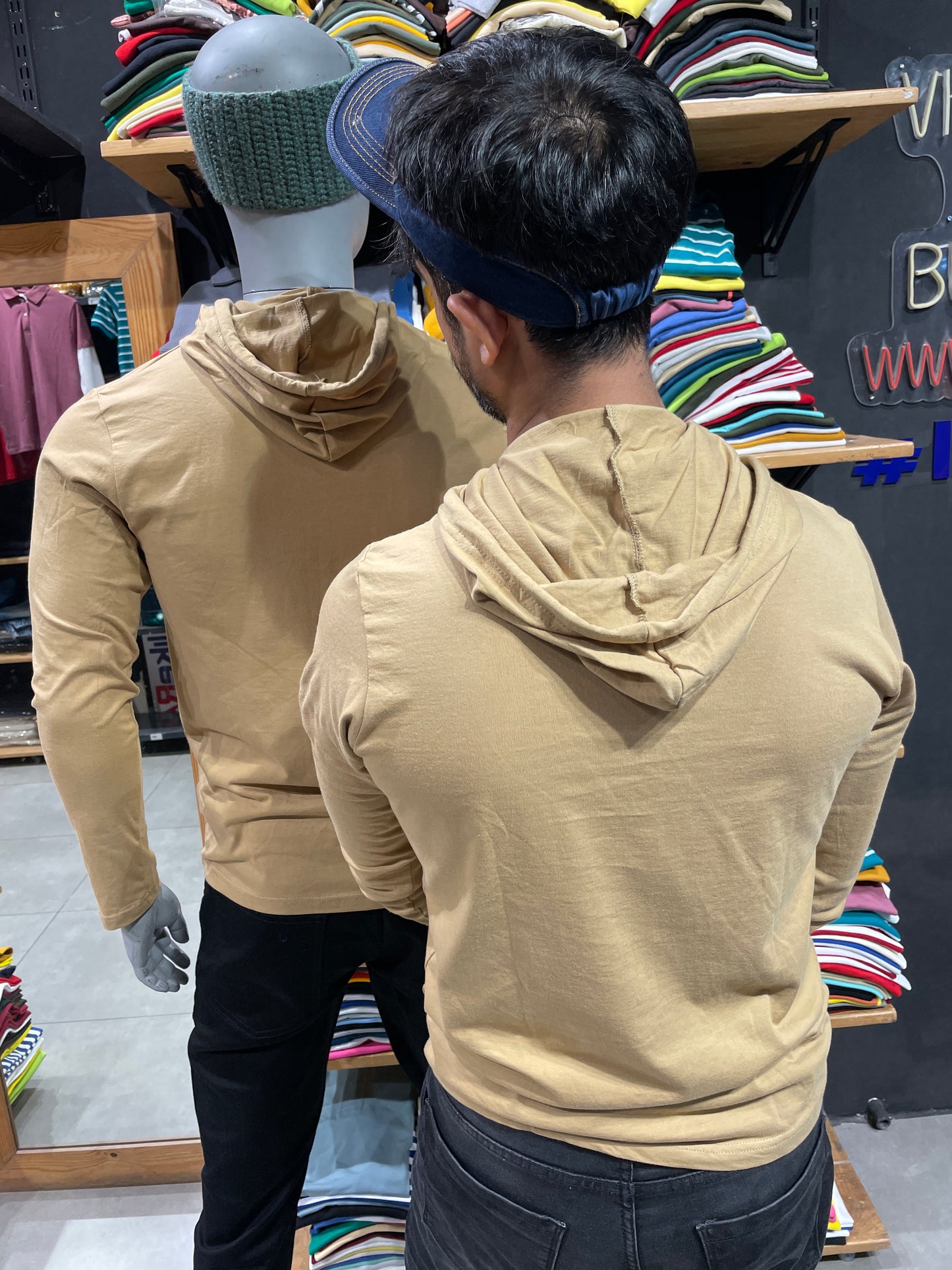 Khaki Hooded Tee with Drawstrings