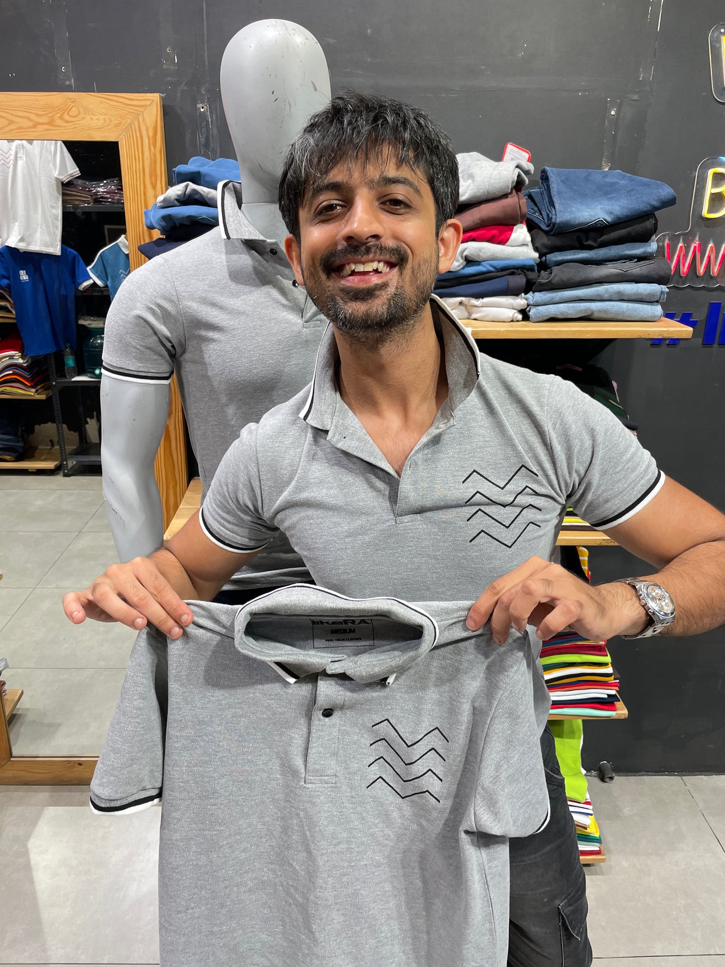Grey Melange Printed Polo Tshirt