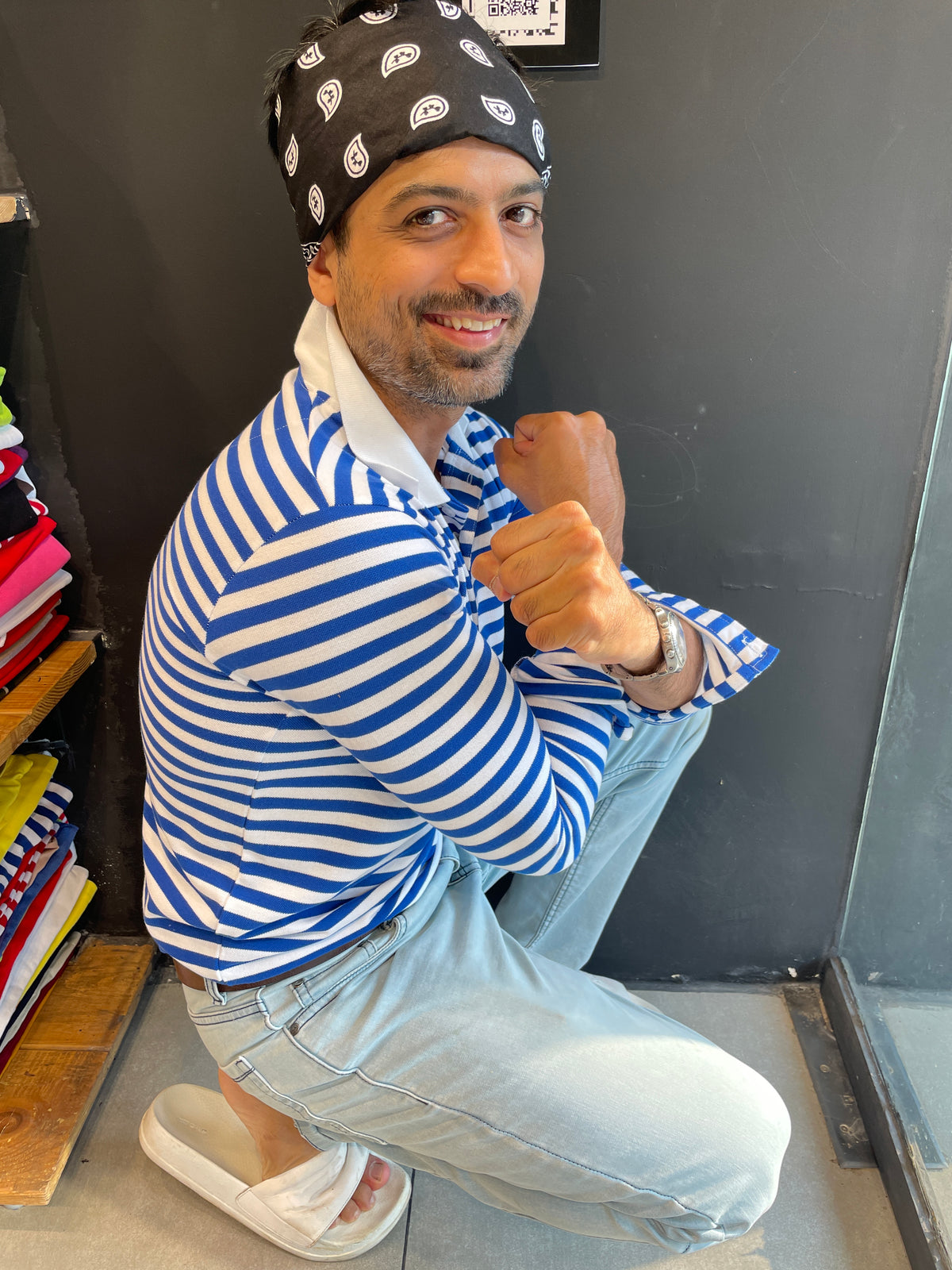 Bue / White Striped Polo Tshirt in Full sleeves