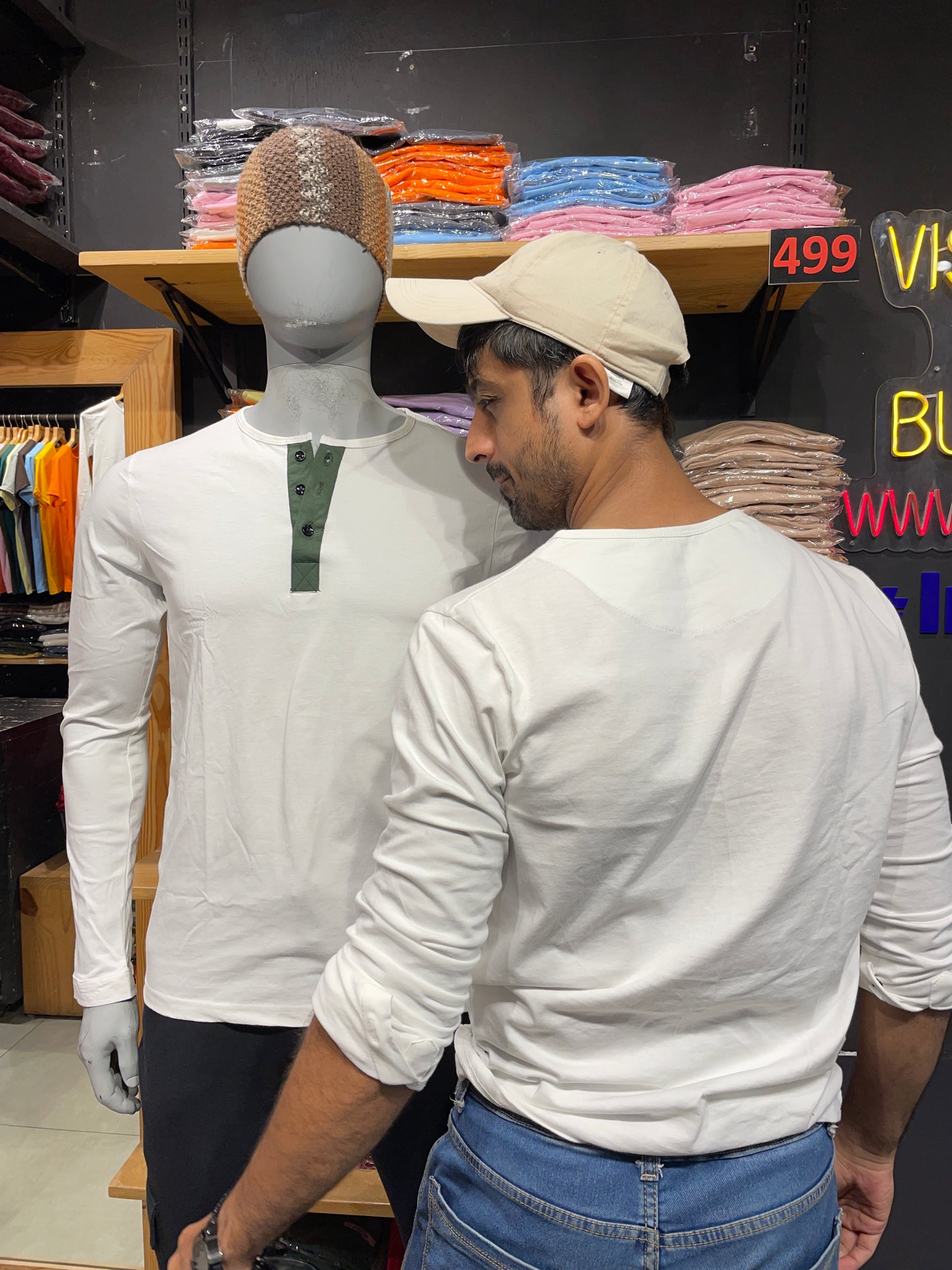 White Henley with Olive Placket