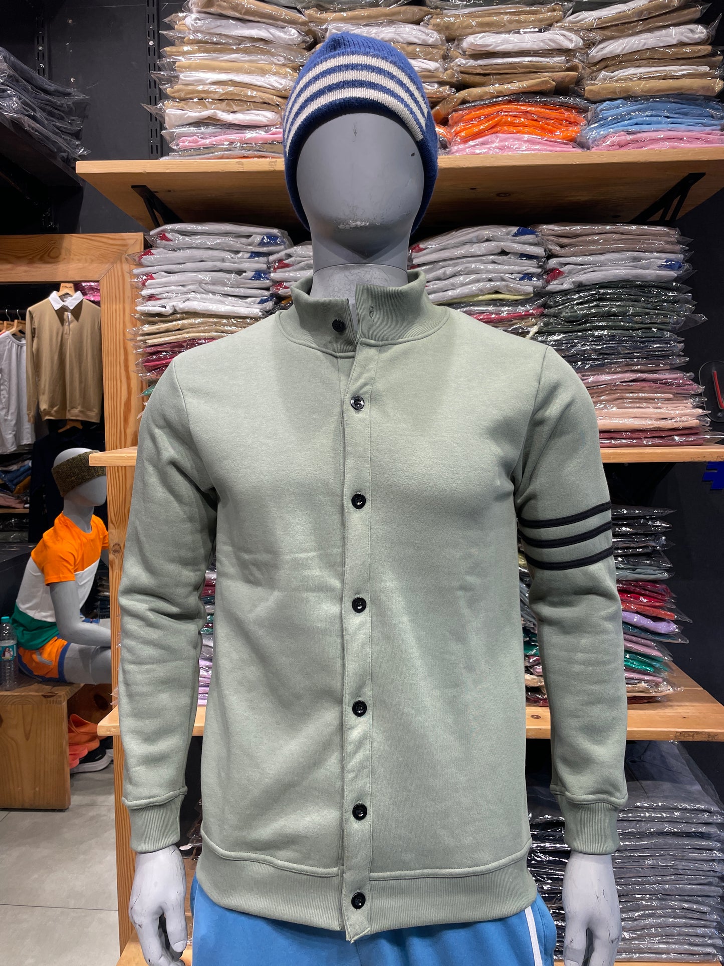 Smoke Green High Neck Jacket with Three Lines