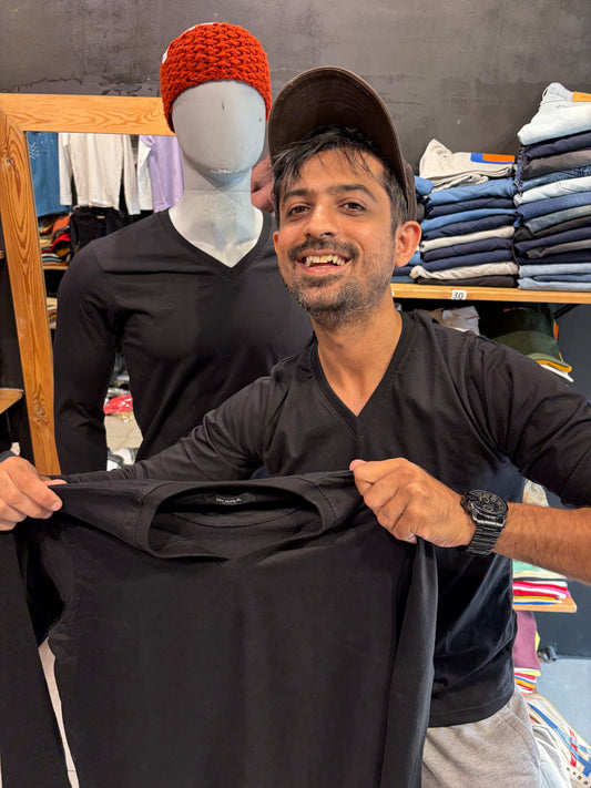 Black V Neck Full Sleeves Tshirt