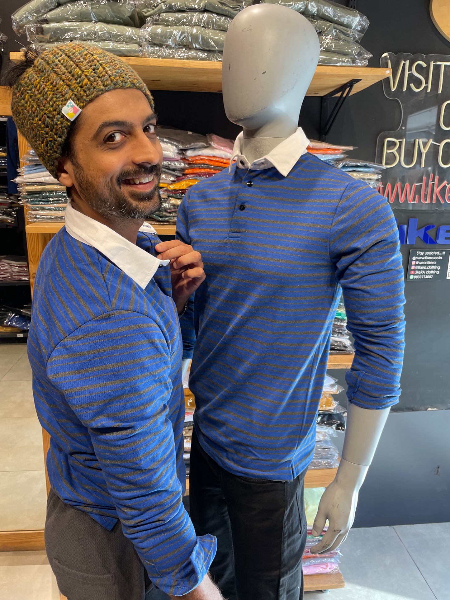 Blue / Anthra Striped Tshirt Contrast Collar