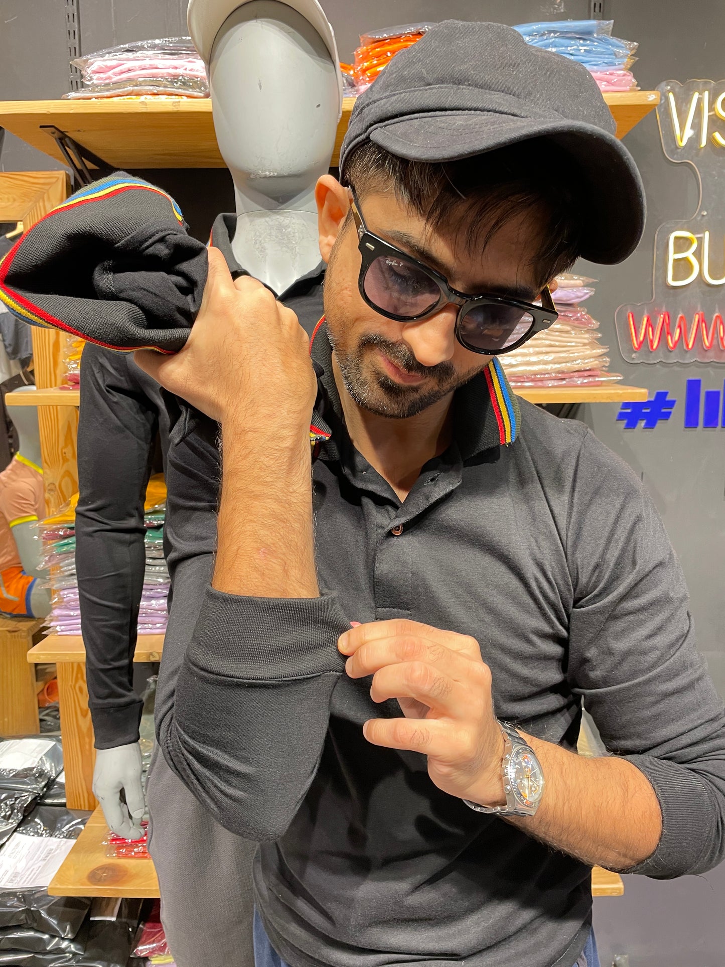 Black Ribbed Collar Tshirt with Multicolour Tipping