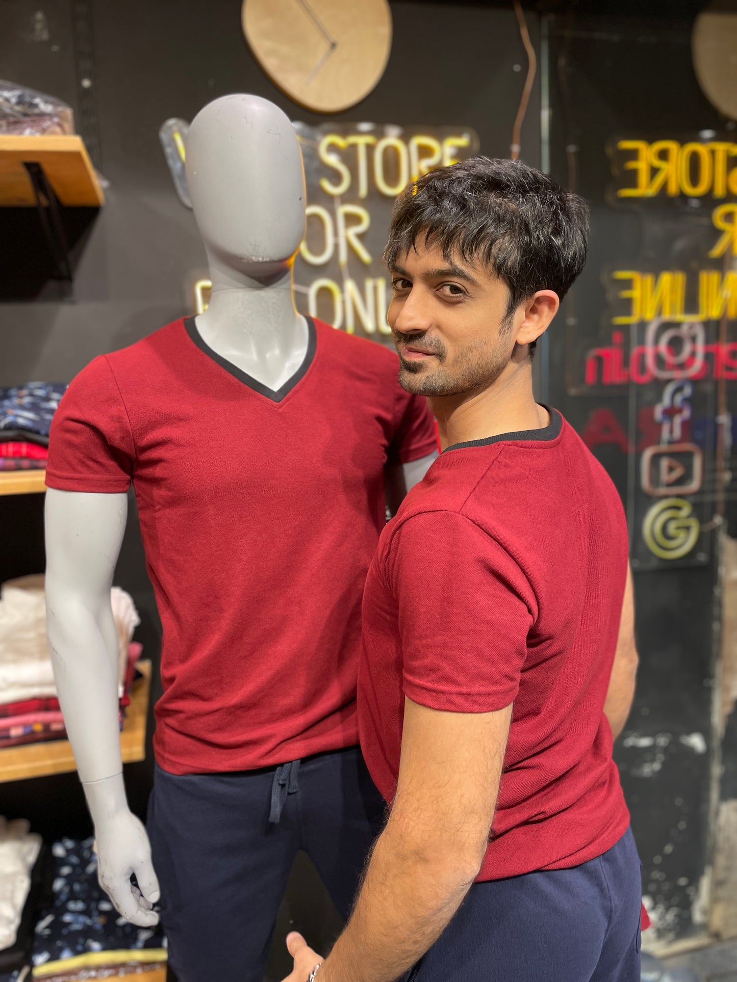 Maroon V Neck Combination Tshirt
