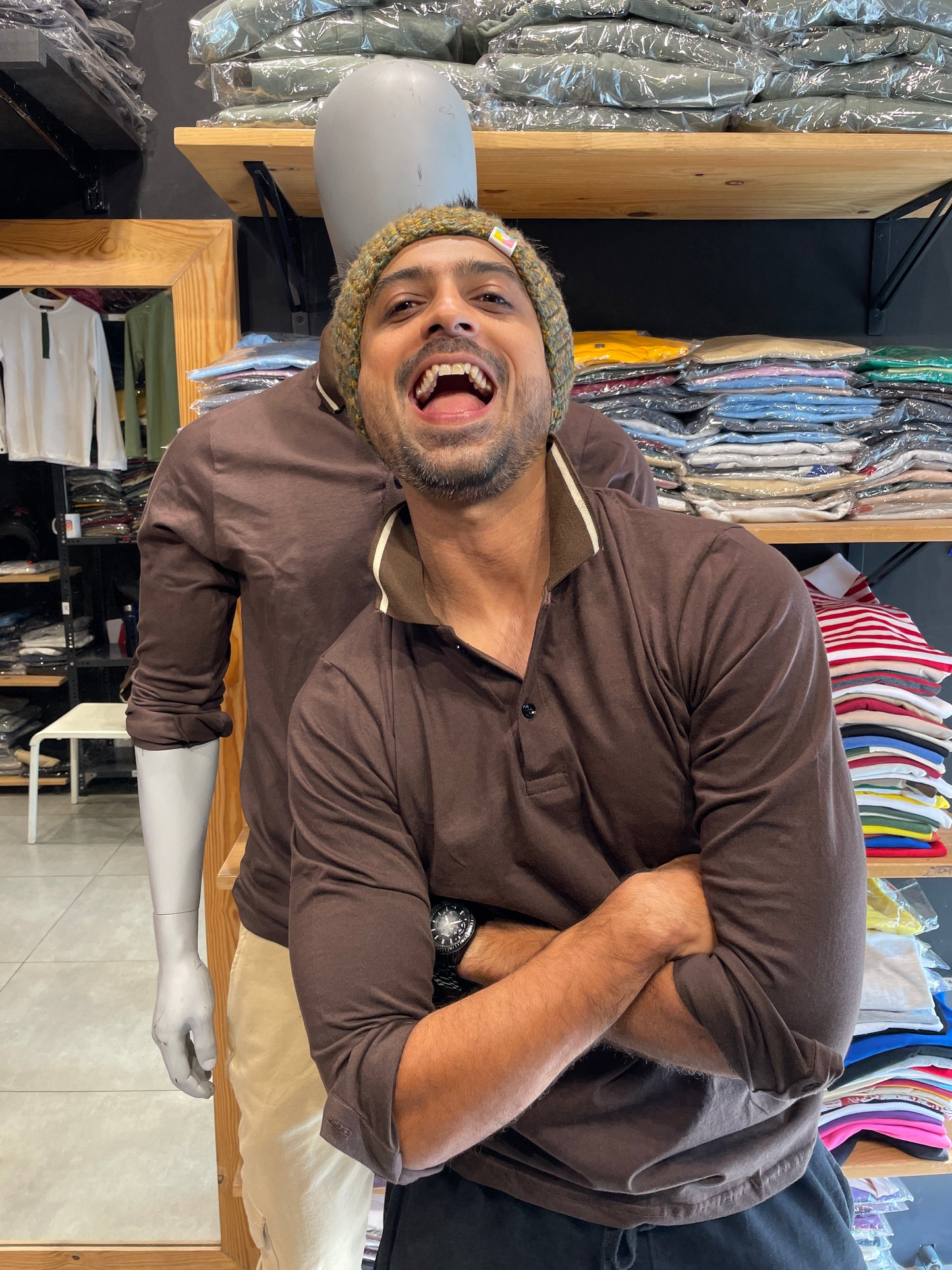 Brown Full Sleeves Collar Tshirt