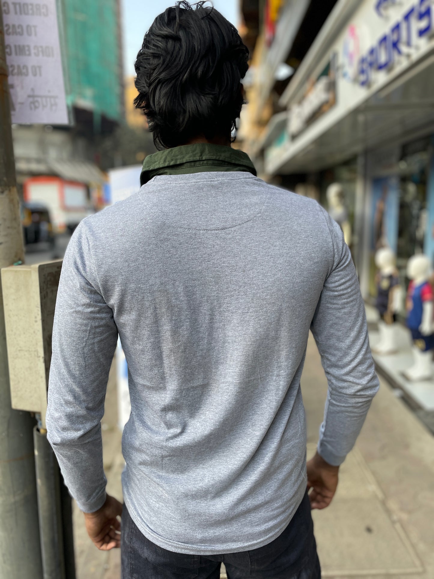 Grey Melange Pull Over Type Collar Tee