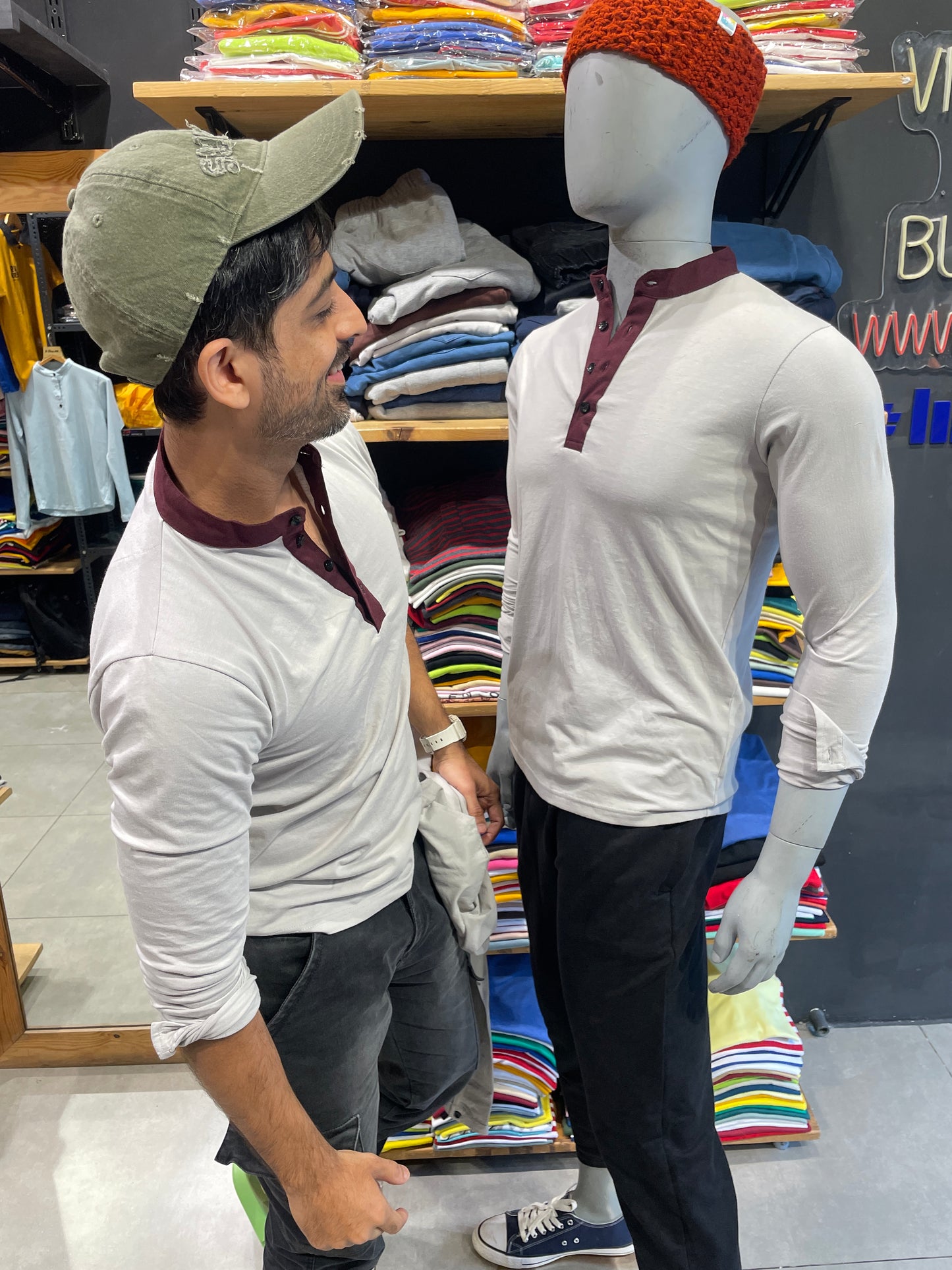 Light Grey Chinese Collar Combinaion Tee