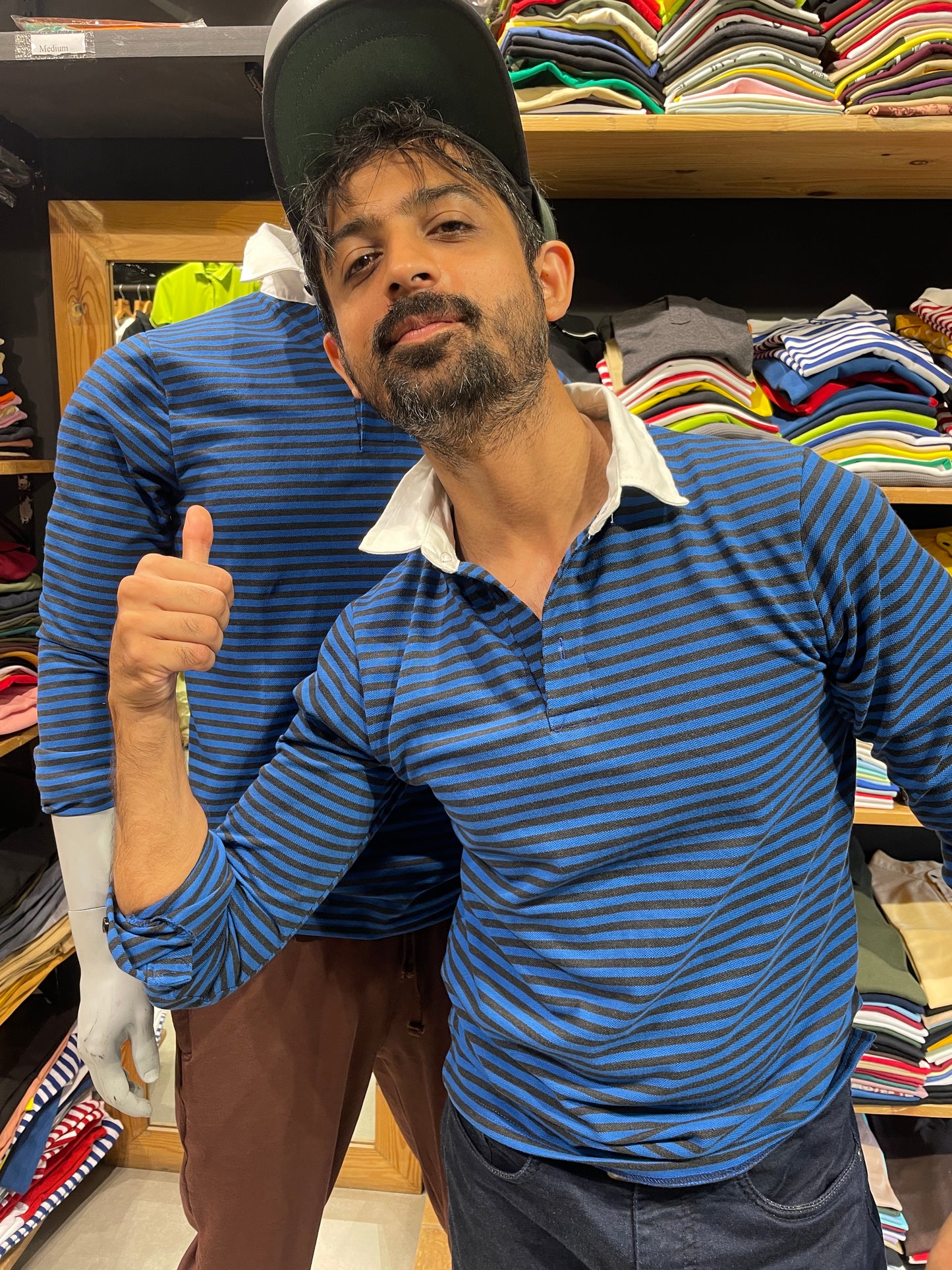 Blue / Anthra Striped Tshirt with Contrast Collar