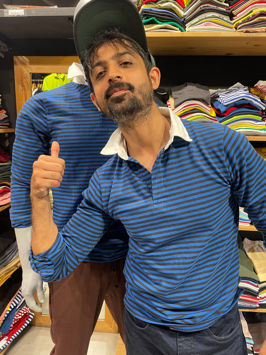 Blue / Anthra Striped Tshirt with Contrast Collar