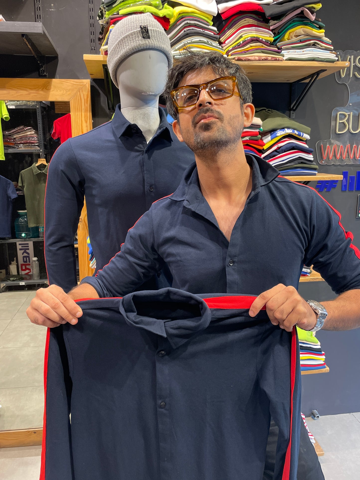 Navy Shirt with Red Side Stripe