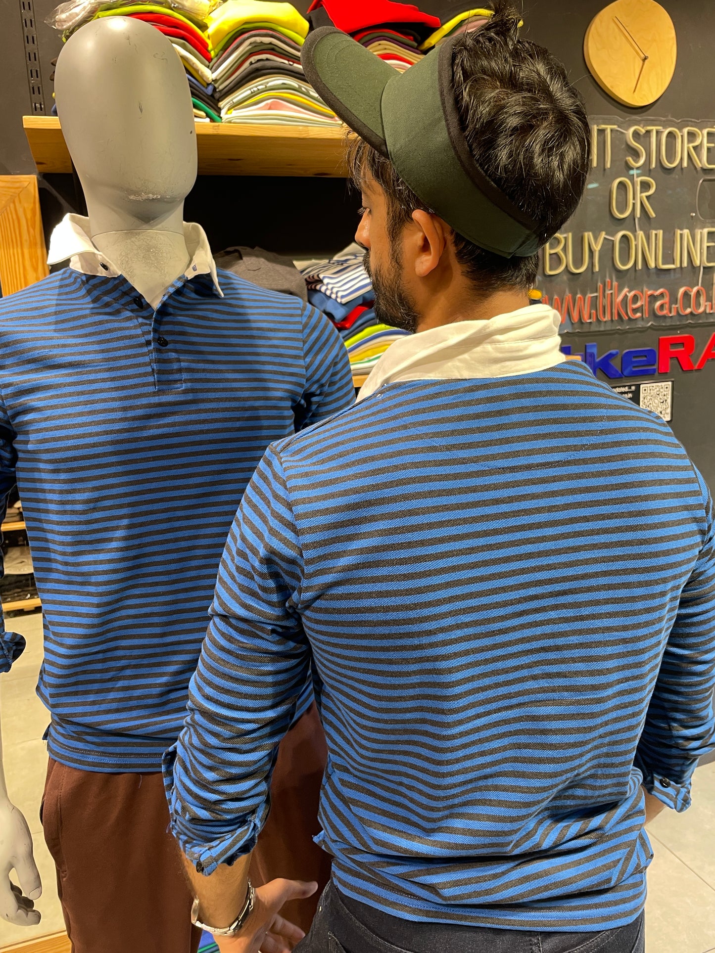 Blue / Anthra Striped Tshirt with Contrast Collar