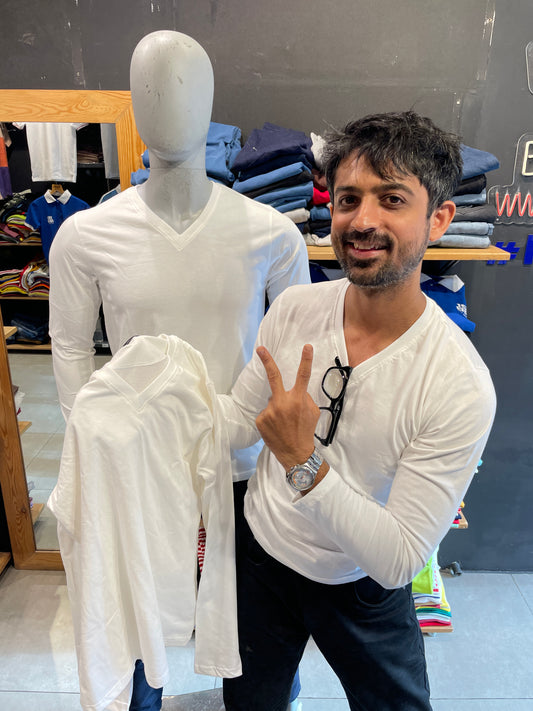 White Basic V Neck Full Sleeves Tshirt